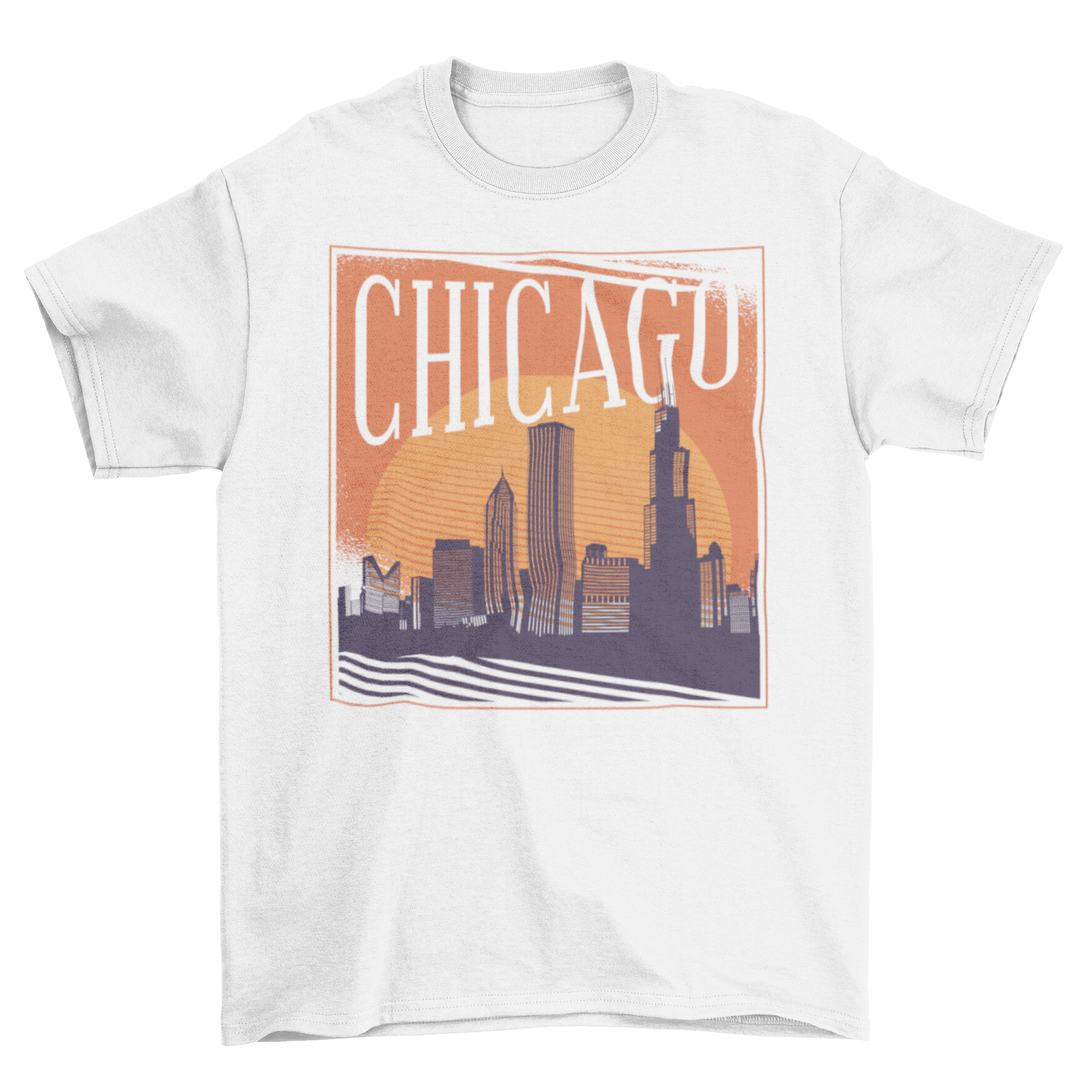 Chicago skyline t-shirt featuring a silhouette design against a colorful sunset background.