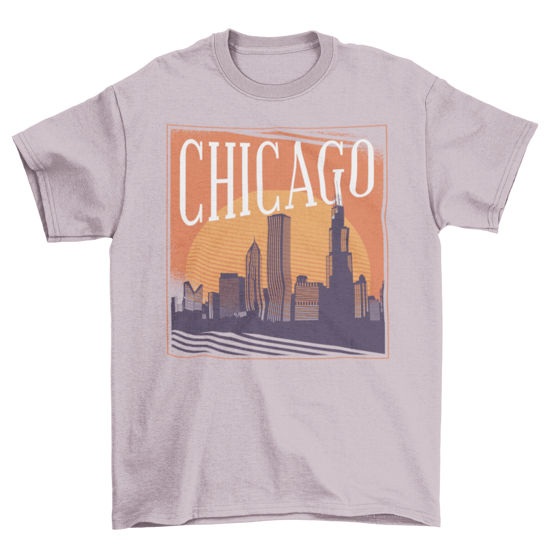 Chicago skyline t-shirt featuring a silhouette design against a colorful sunset background.