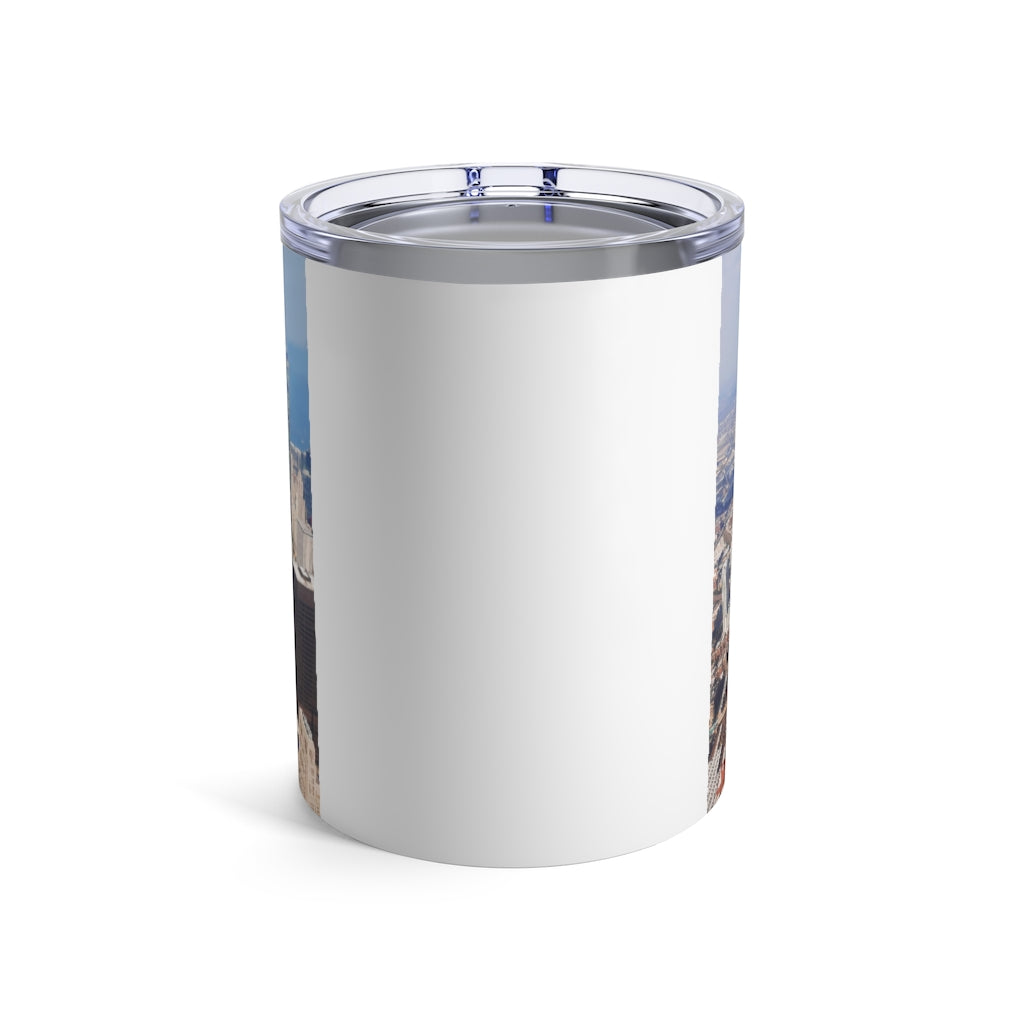 Chicago Skyline Tumbler 10oz made of stainless steel with a see-thru plastic lid, featuring a stylish skyline design.