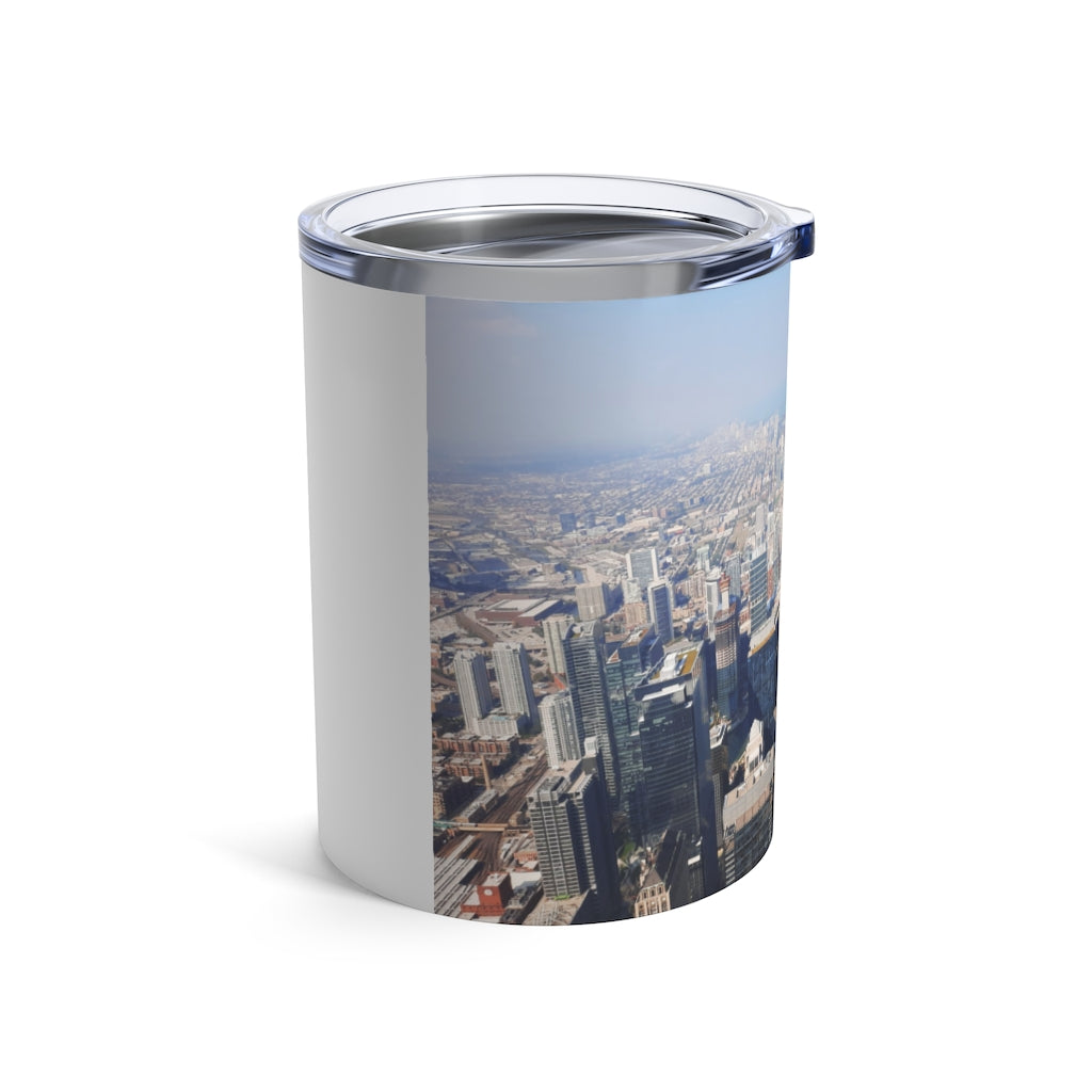 Chicago Skyline Tumbler 10oz made of stainless steel with a see-thru plastic lid, featuring a stylish skyline design.