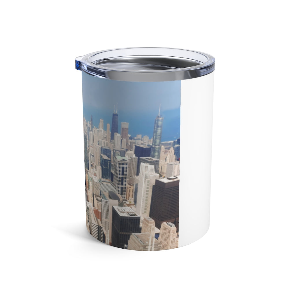 Chicago Skyline Tumbler 10oz made of stainless steel with a see-thru plastic lid, featuring a stylish skyline design.