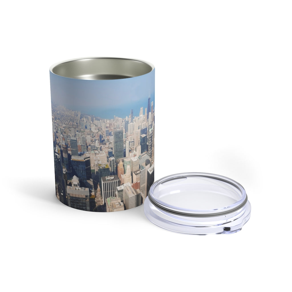 Chicago Skyline Tumbler 10oz made of stainless steel with a see-thru plastic lid, featuring a stylish skyline design.