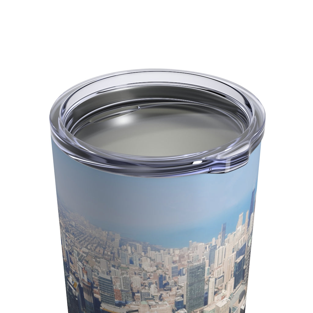 Chicago Skyline Tumbler 10oz made of stainless steel with a see-thru plastic lid, featuring a stylish skyline design.