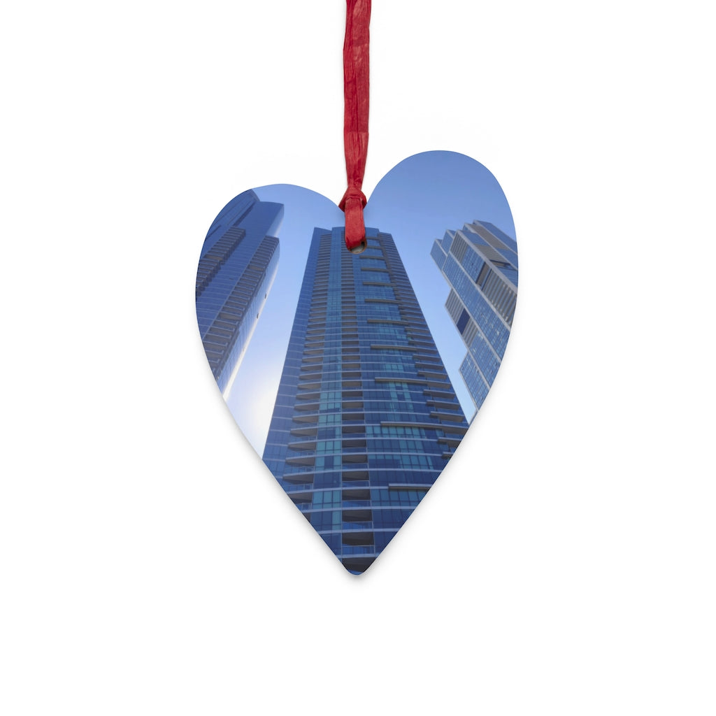 Chicago Skyline Wooden Christmas Ornaments featuring whimsical shapes and a red ribbon for hanging, perfect for holiday decor.