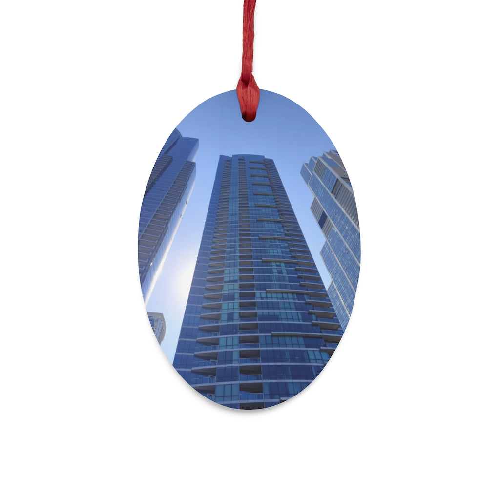 Chicago Skyline Wooden Christmas Ornaments featuring whimsical shapes and a red ribbon for hanging, perfect for holiday decor.