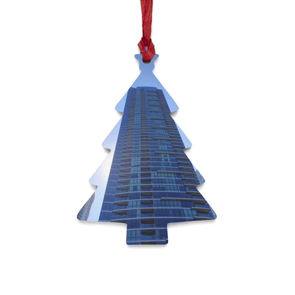 Chicago Skyline Wooden Christmas Ornaments featuring whimsical shapes and a red ribbon for hanging, perfect for holiday decor.