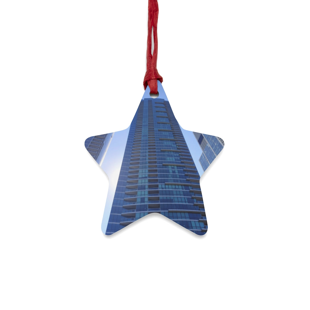 Chicago Skyline Wooden Christmas Ornaments featuring whimsical shapes and a red ribbon for hanging, perfect for holiday decor.