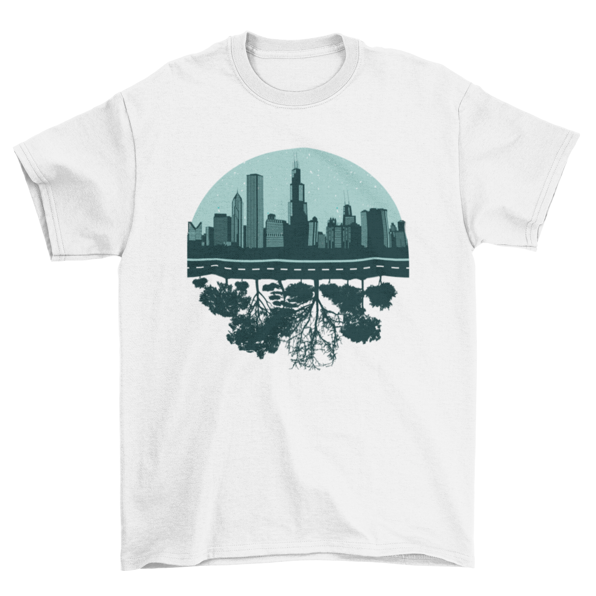 Chicago skyline t-shirt featuring trees at the bottom, showcasing urban and nature elements.