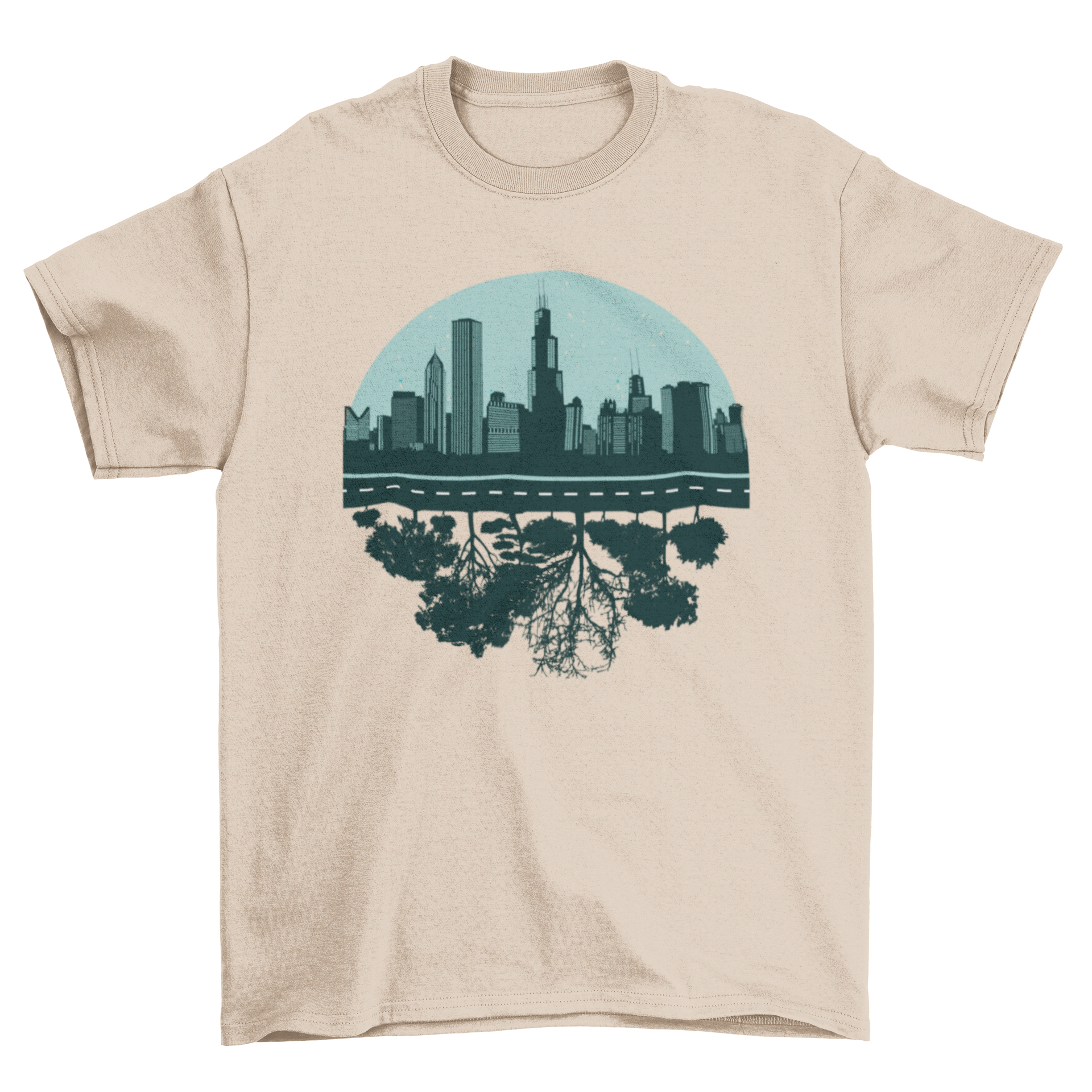 Chicago skyline t-shirt featuring trees at the bottom, showcasing urban and nature elements.