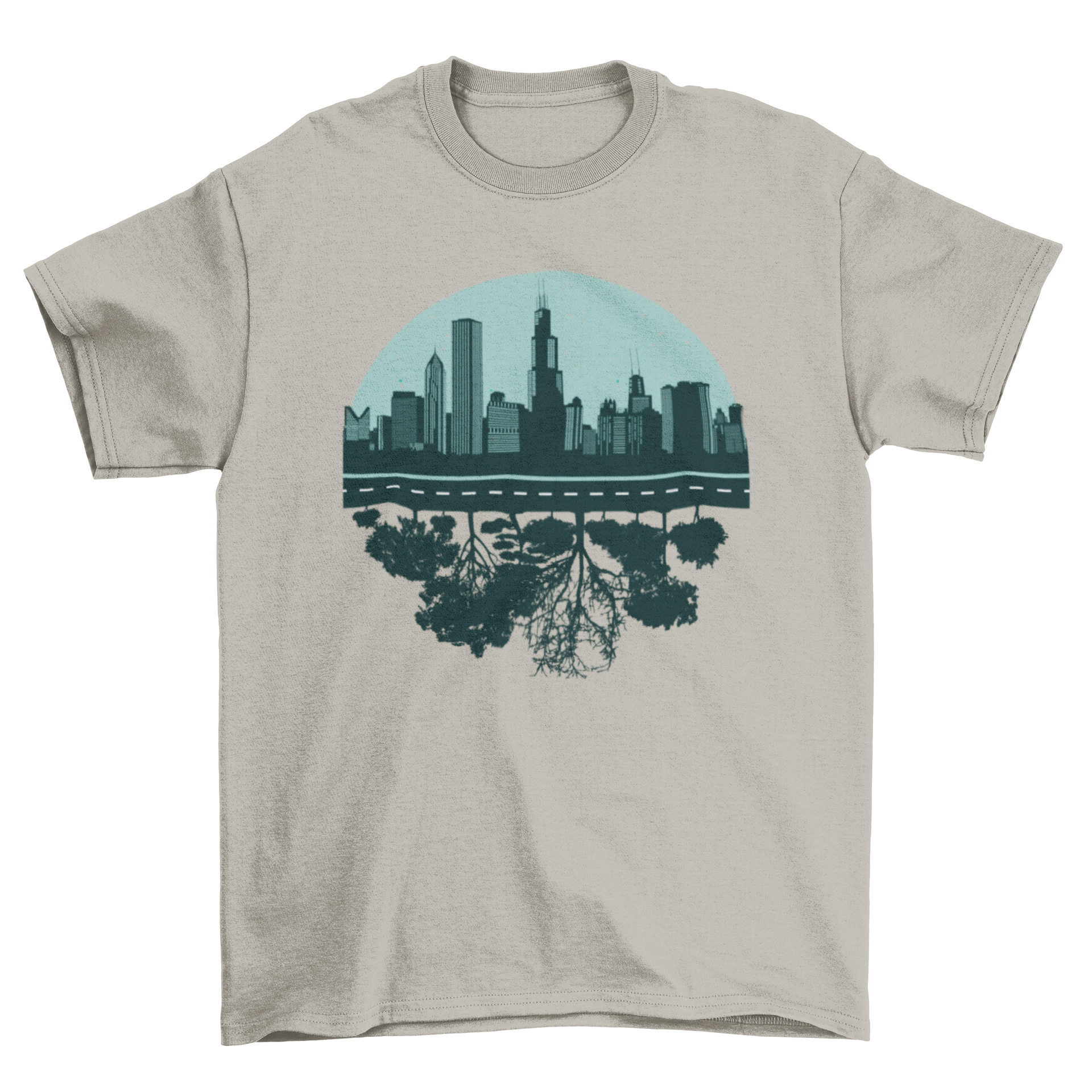 Chicago skyline t-shirt featuring trees at the bottom, showcasing urban and nature elements.