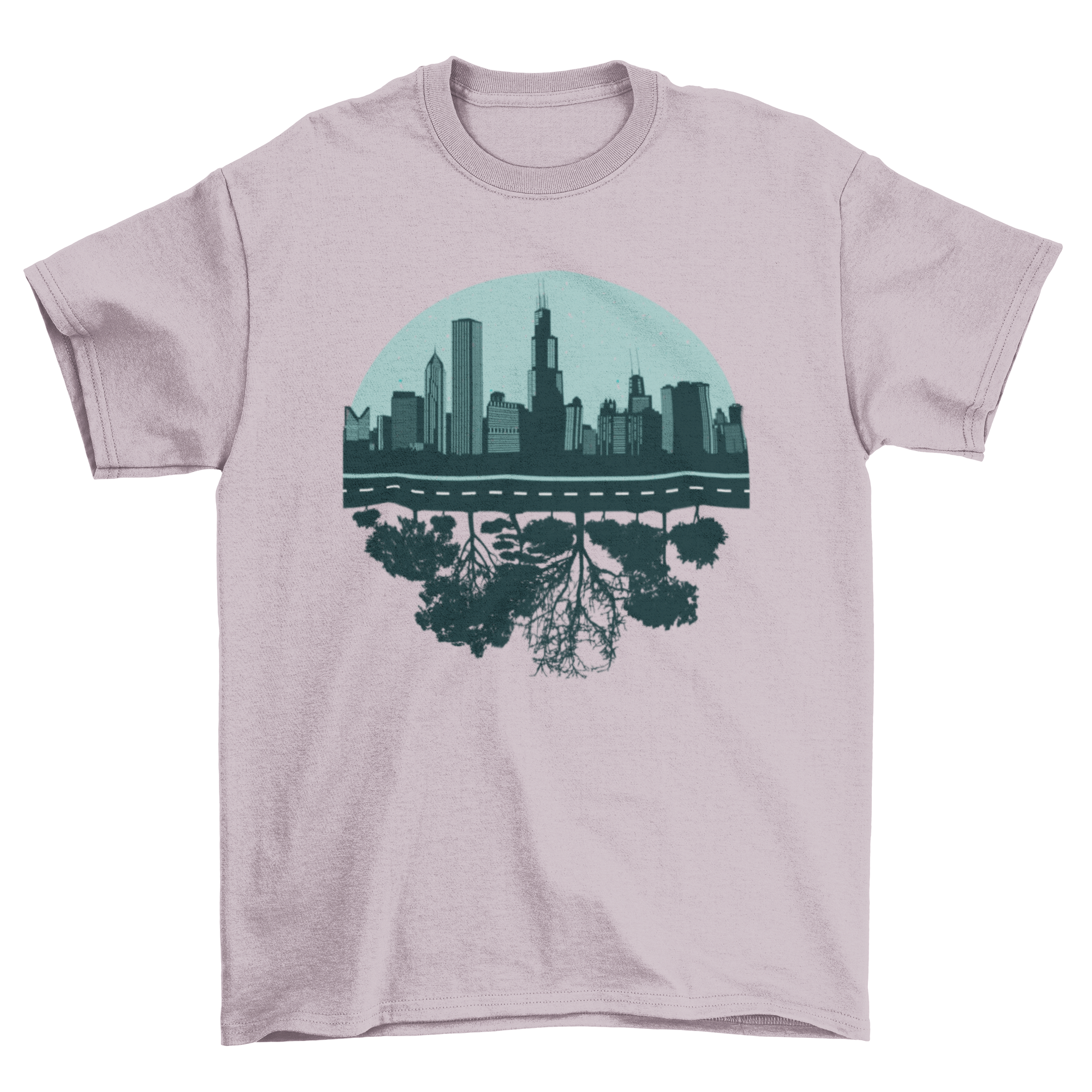 Chicago skyline t-shirt featuring trees at the bottom, showcasing urban and nature elements.