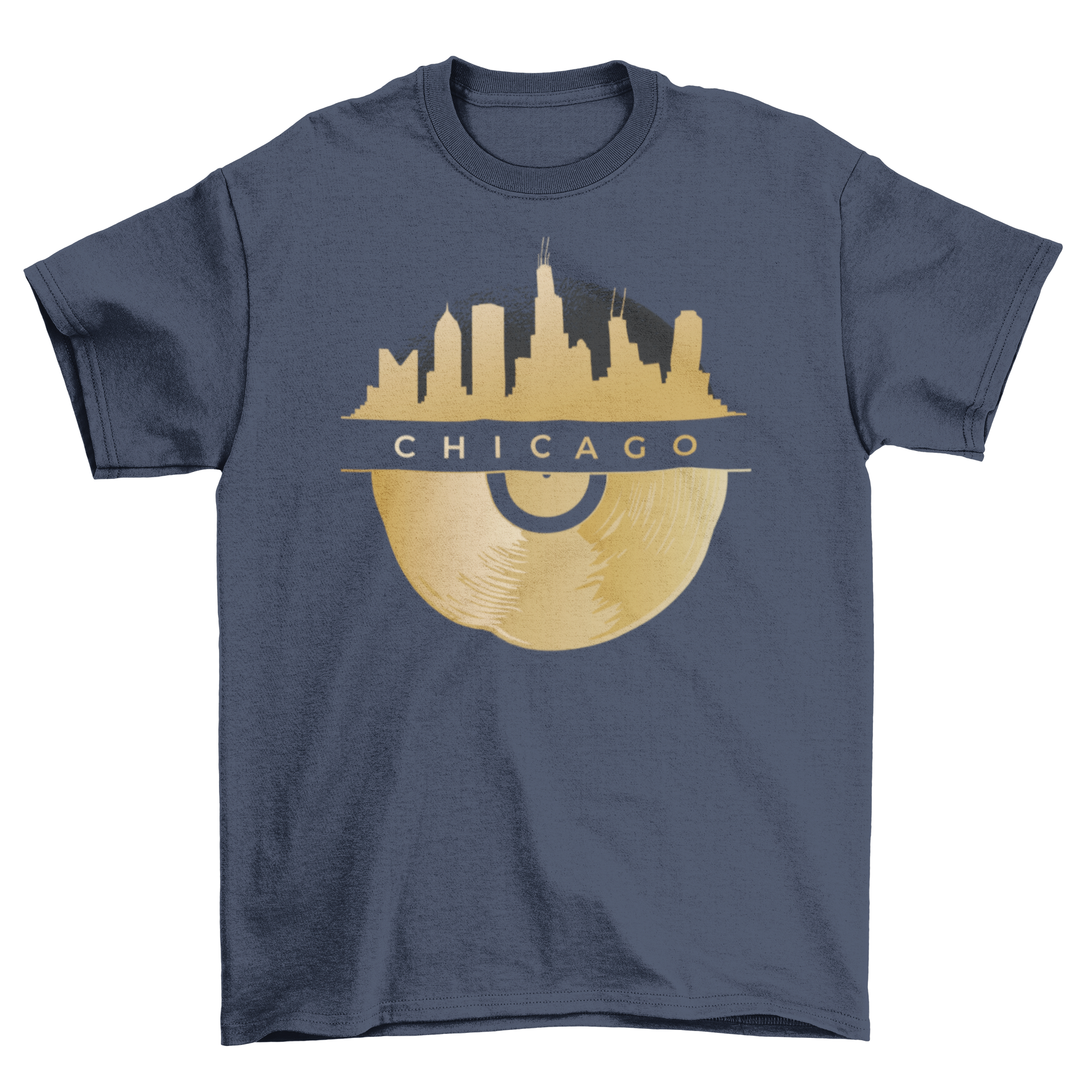 Chicago Vinyl Skyline T-shirt featuring a detailed skyline design with golden vinyl underneath.