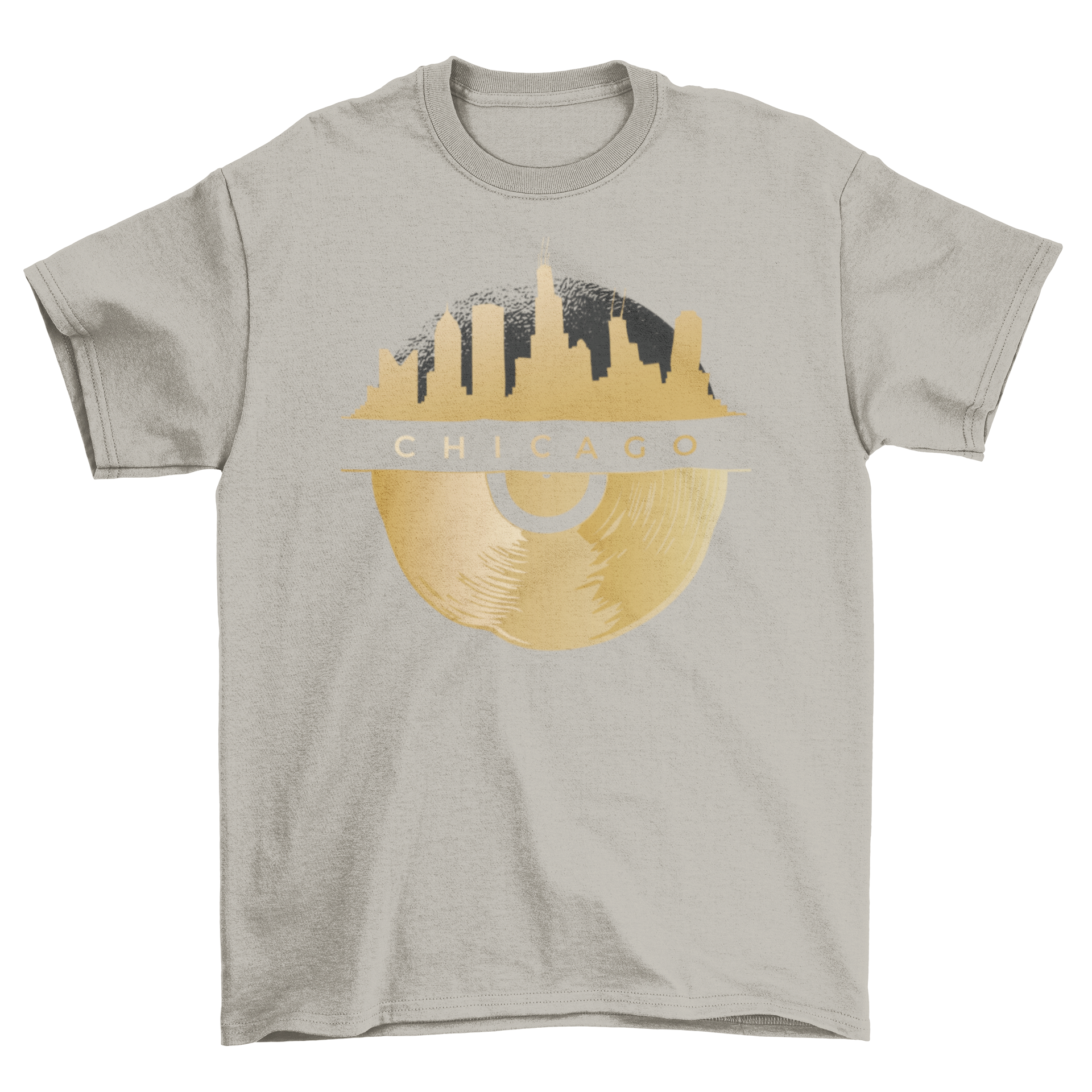 Chicago Vinyl Skyline T-shirt featuring a detailed skyline design with golden vinyl underneath.