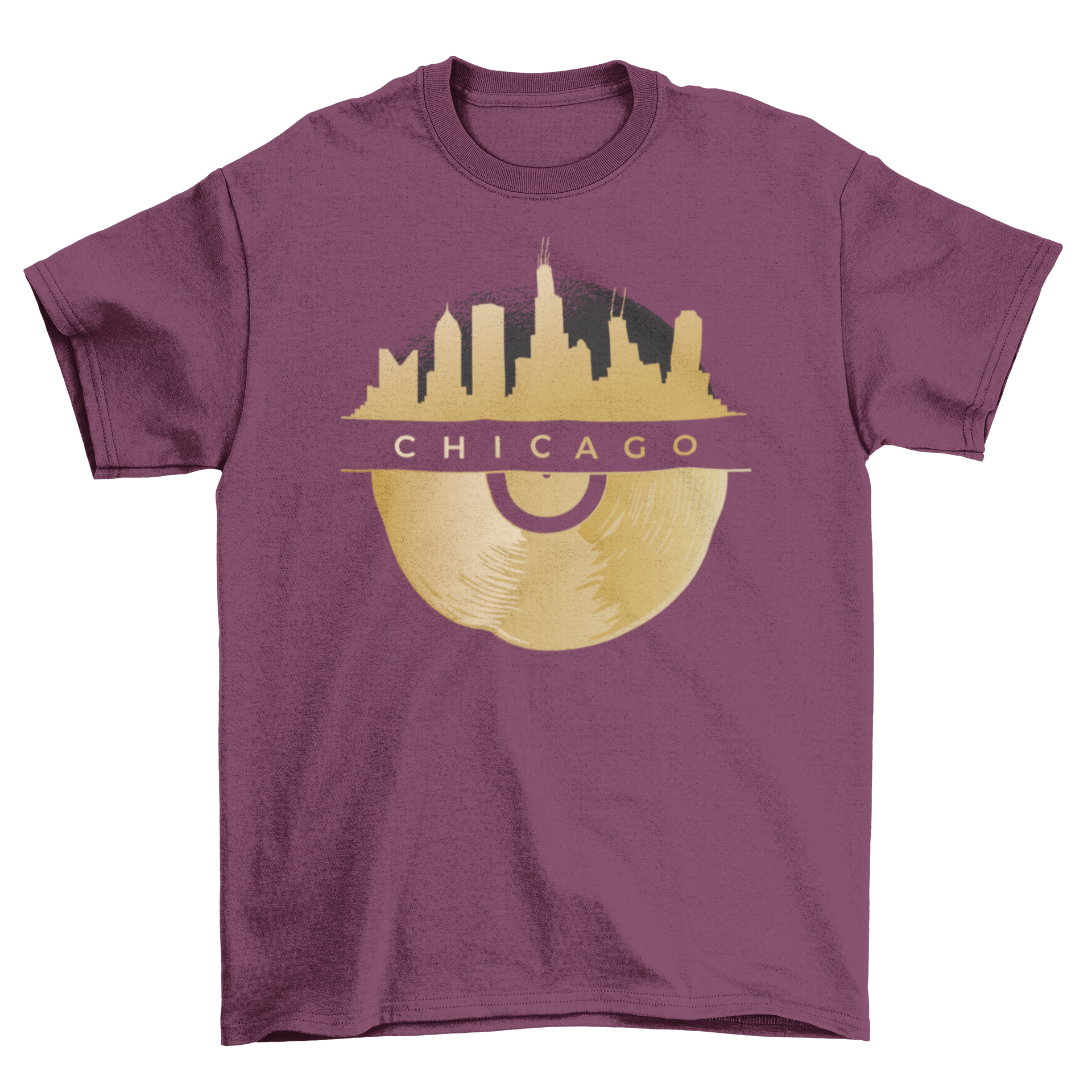 Chicago Vinyl Skyline T-shirt featuring a detailed skyline design with golden vinyl underneath.