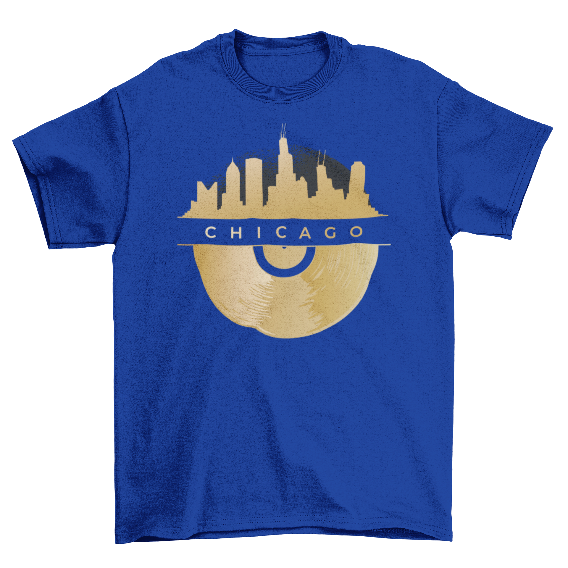 Chicago Vinyl Skyline T-shirt featuring a detailed skyline design with golden vinyl underneath.