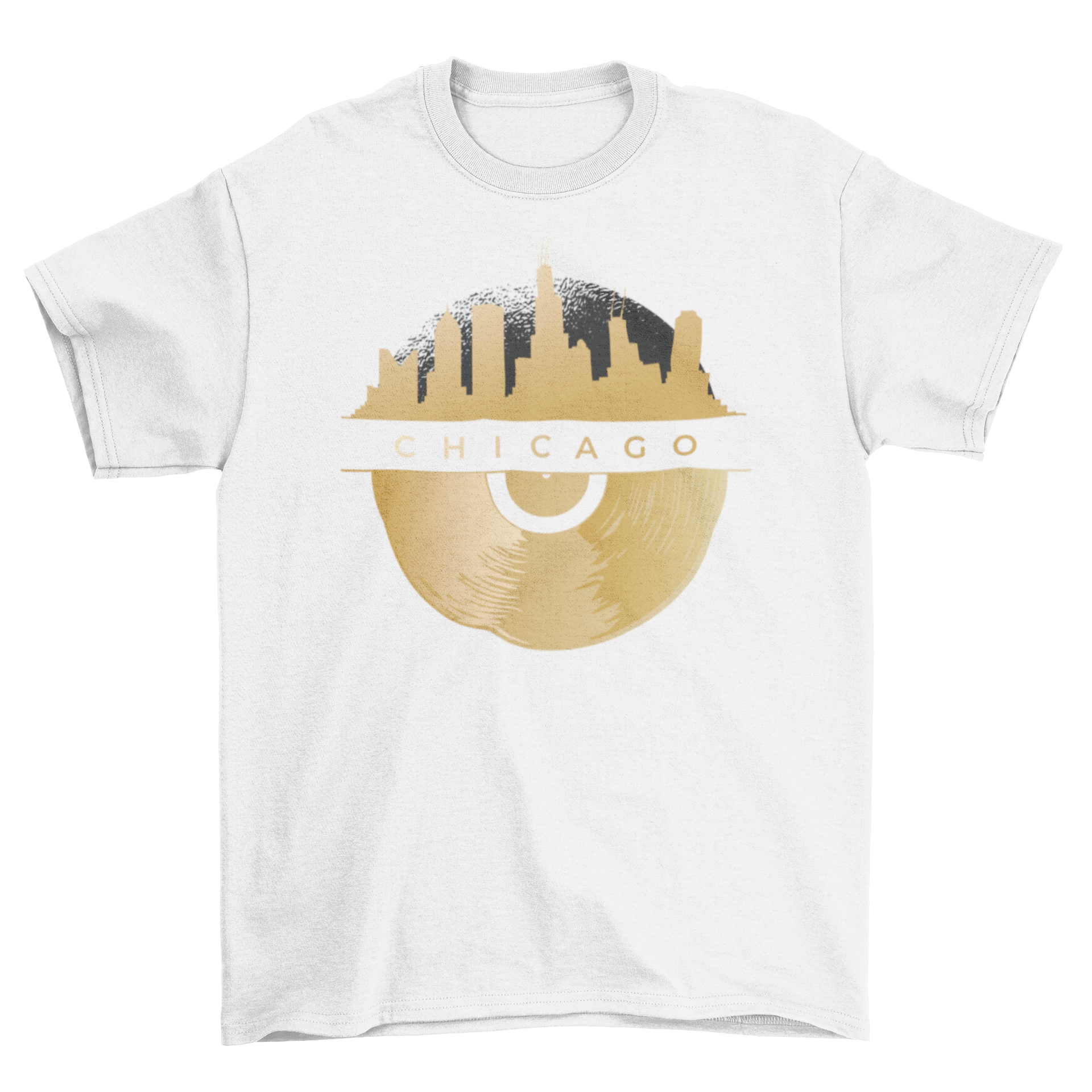 Chicago Vinyl Skyline T-shirt featuring a detailed skyline design with golden vinyl underneath.