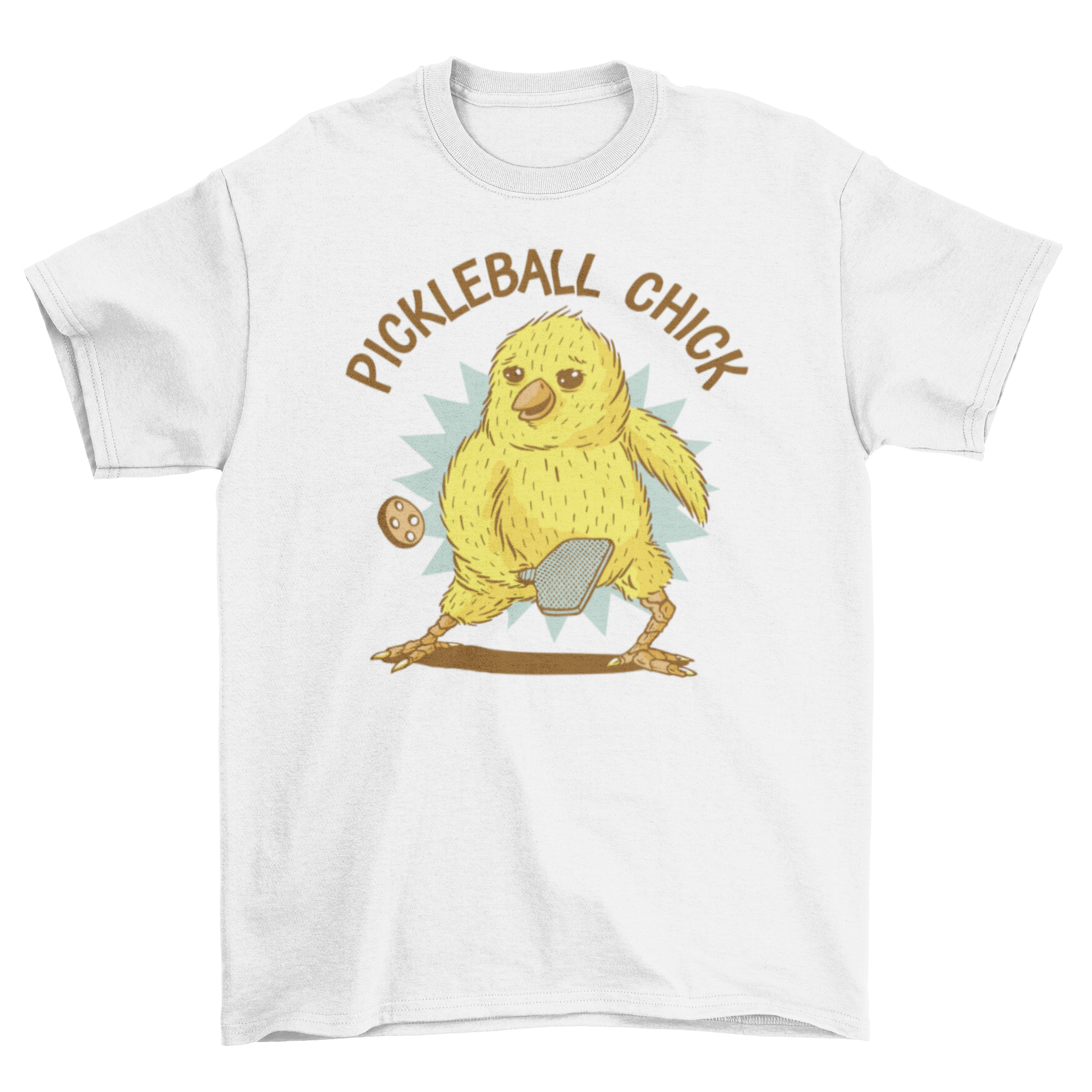 Chick playing pickleball on a stylish t-shirt with the quote 'Pickleball Chick'.