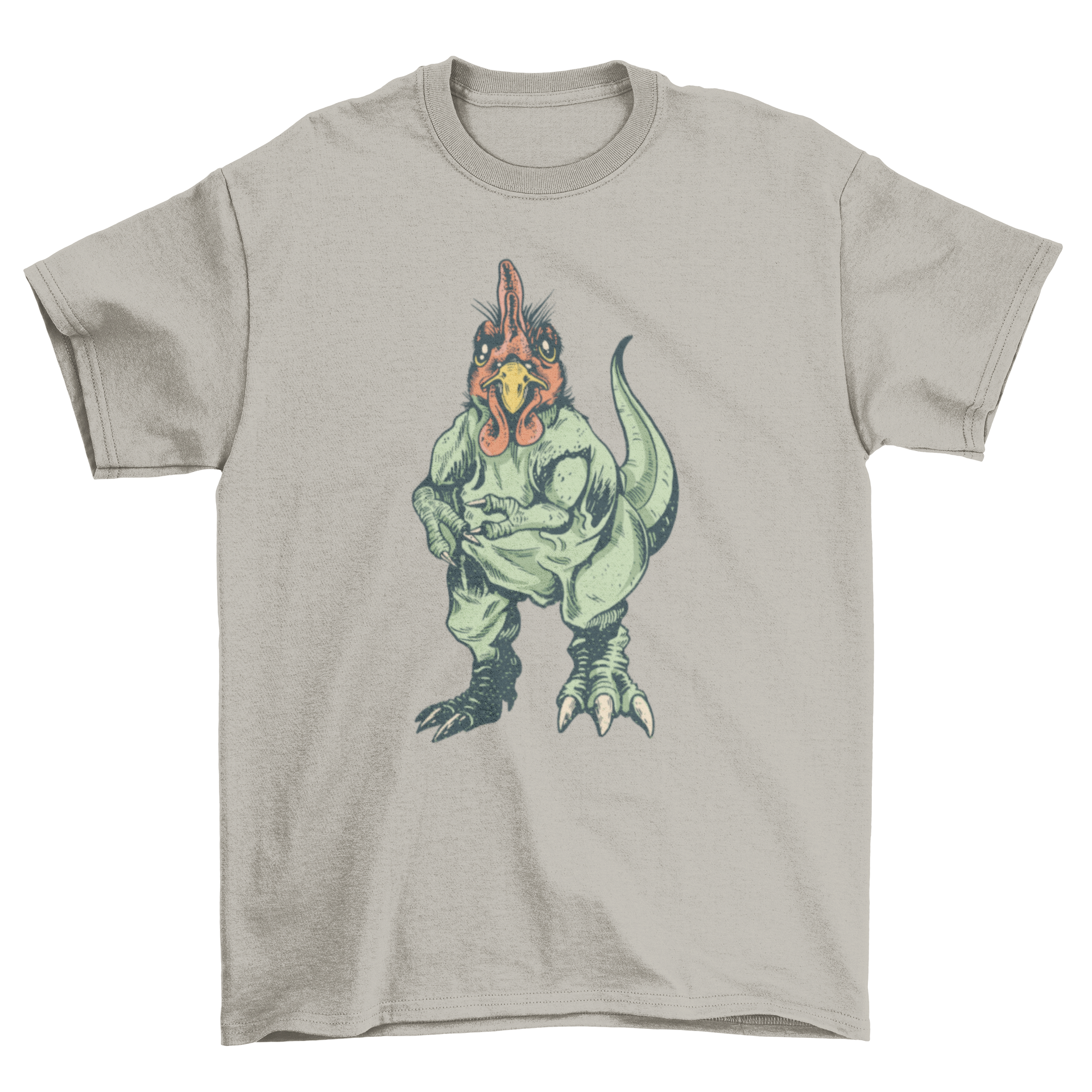 A colorful t-shirt featuring a whimsical chicken and T-Rex hybrid design, showcasing vibrant colors and detailed artwork.