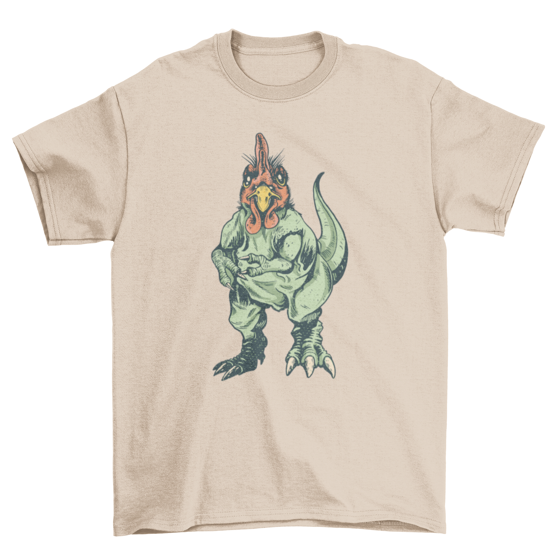 A colorful t-shirt featuring a whimsical chicken and T-Rex hybrid design, showcasing vibrant colors and detailed artwork.