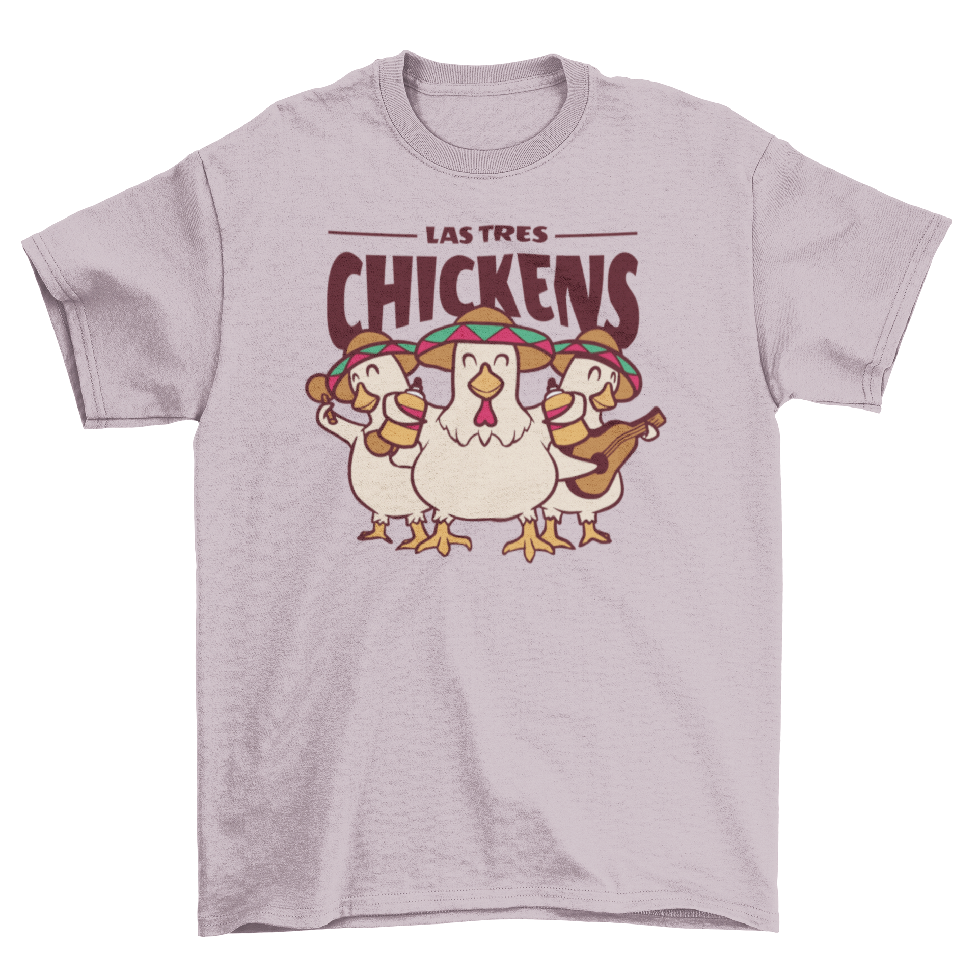 Funny t-shirt featuring three chickens playing instruments with the quote 'Las tres chickens'.