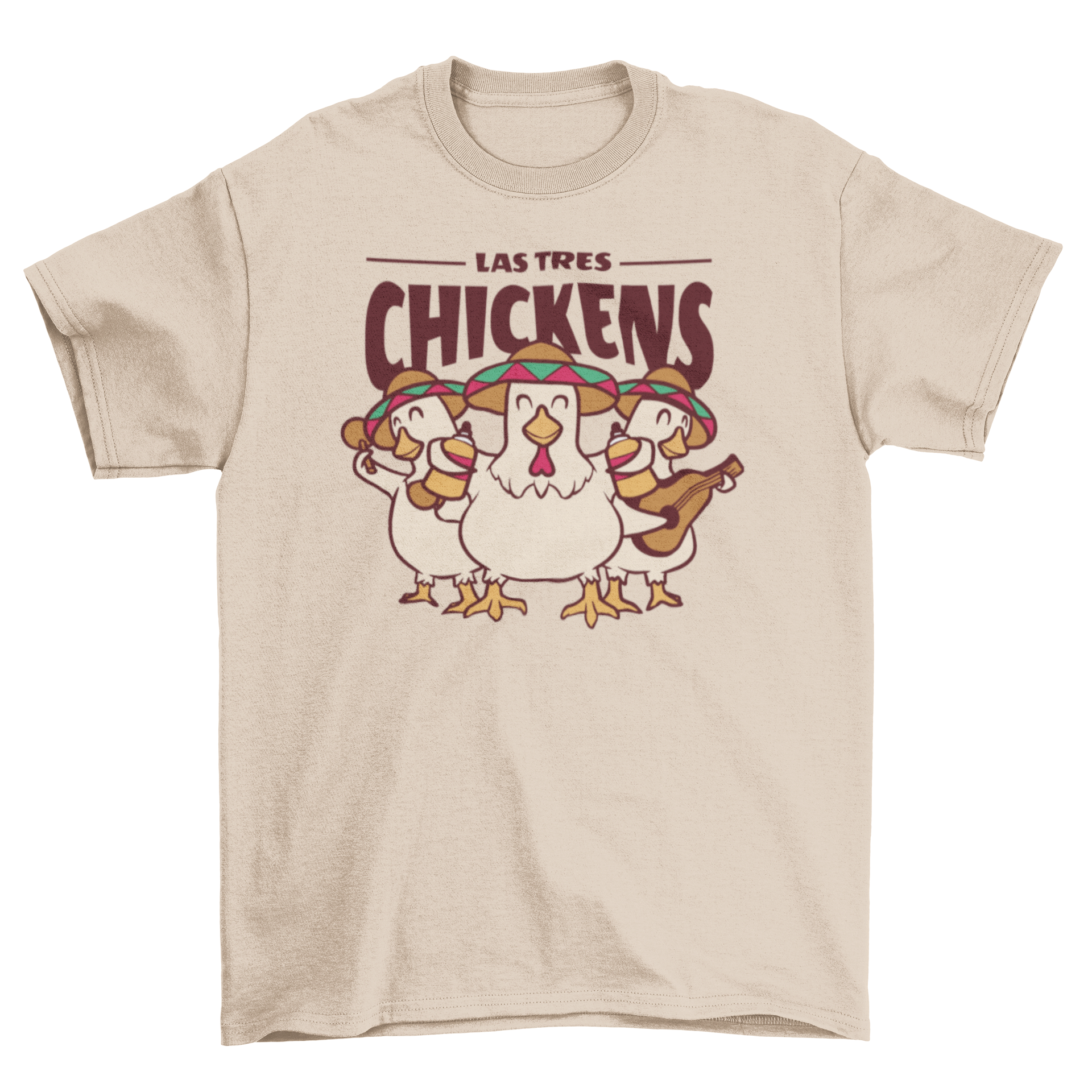 Funny t-shirt featuring three chickens playing instruments with the quote 'Las tres chickens'.