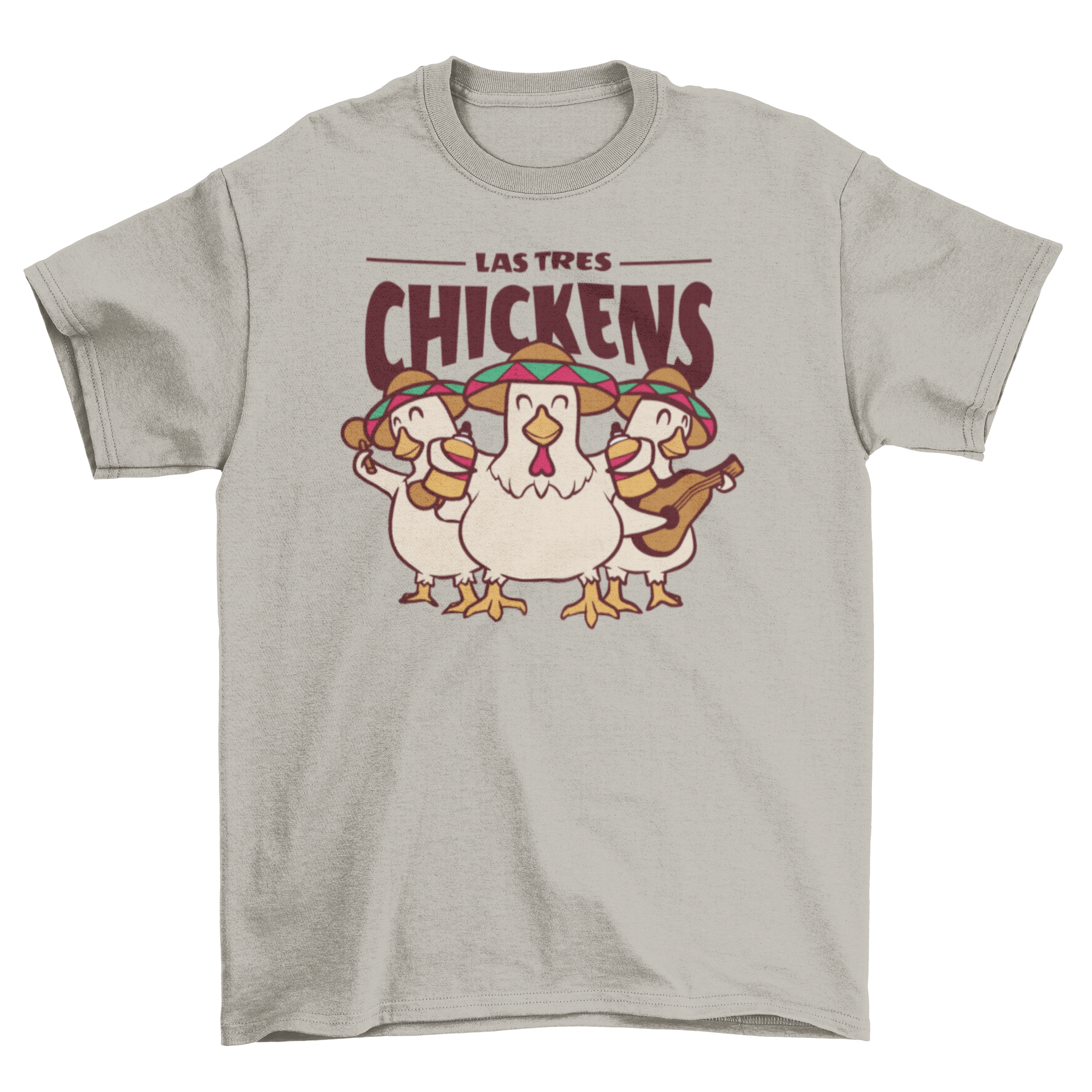 Funny t-shirt featuring three chickens playing instruments with the quote 'Las tres chickens'.