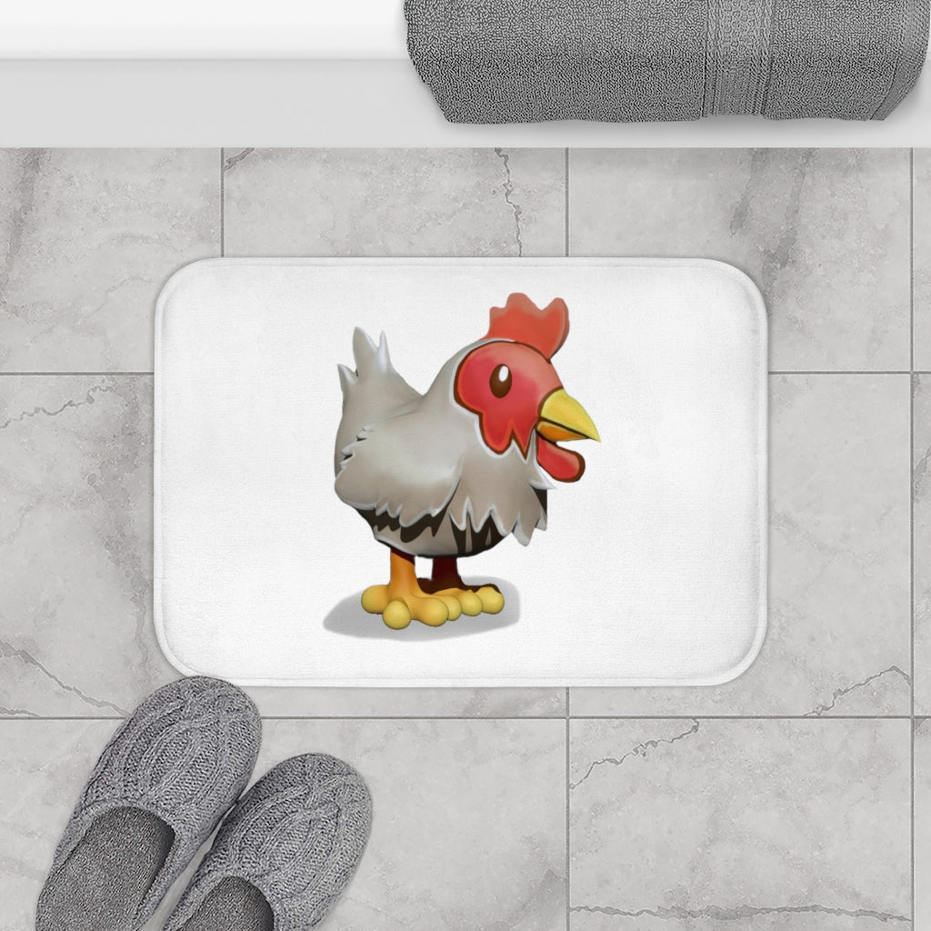 A colorful chicken-themed bath mat with anti-slip backing, designed for safety and style in the bathroom.