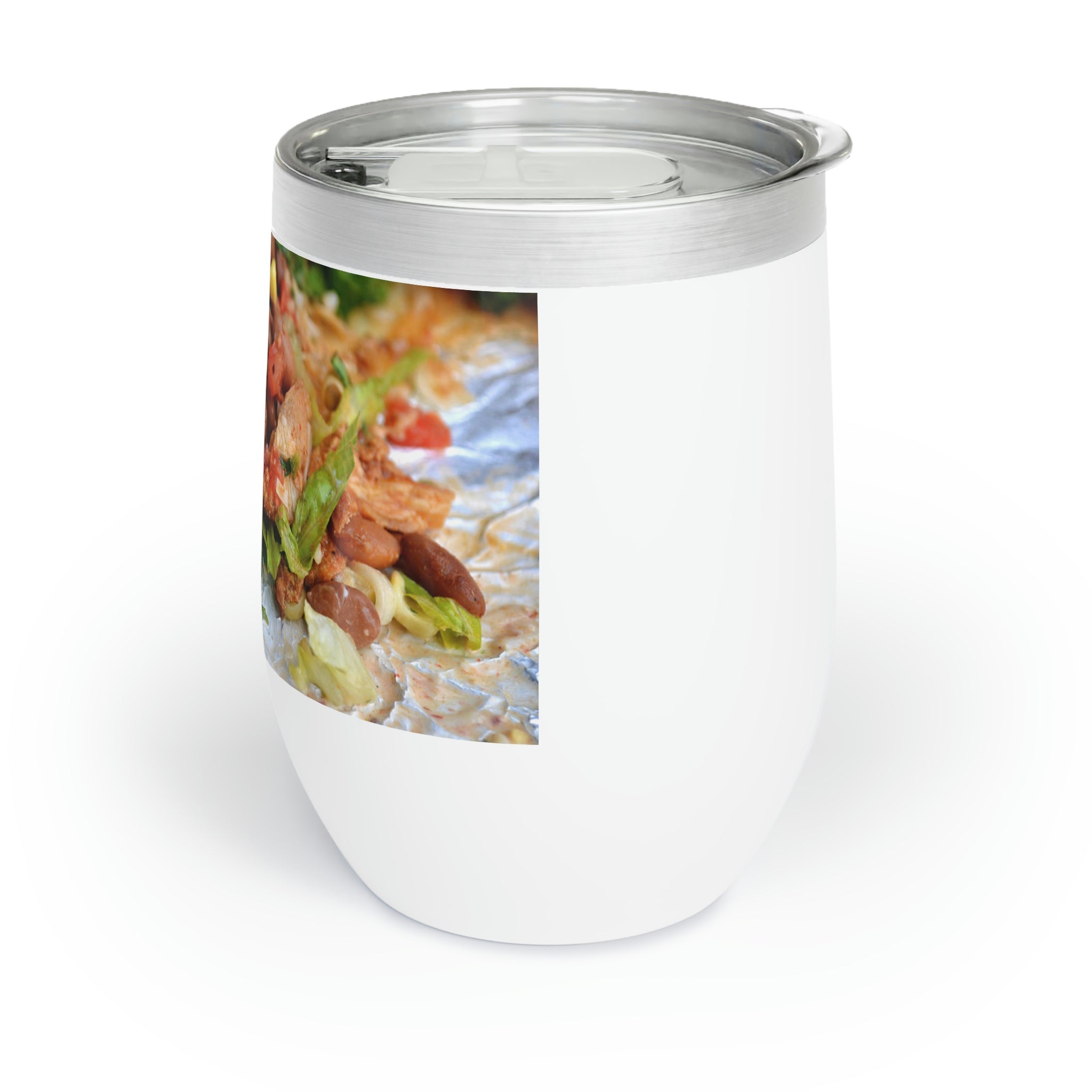 A stylish Chicken Burrito Chill Wine Tumbler made of stainless steel, featuring a double-insulated design for temperature retention and customizable options.