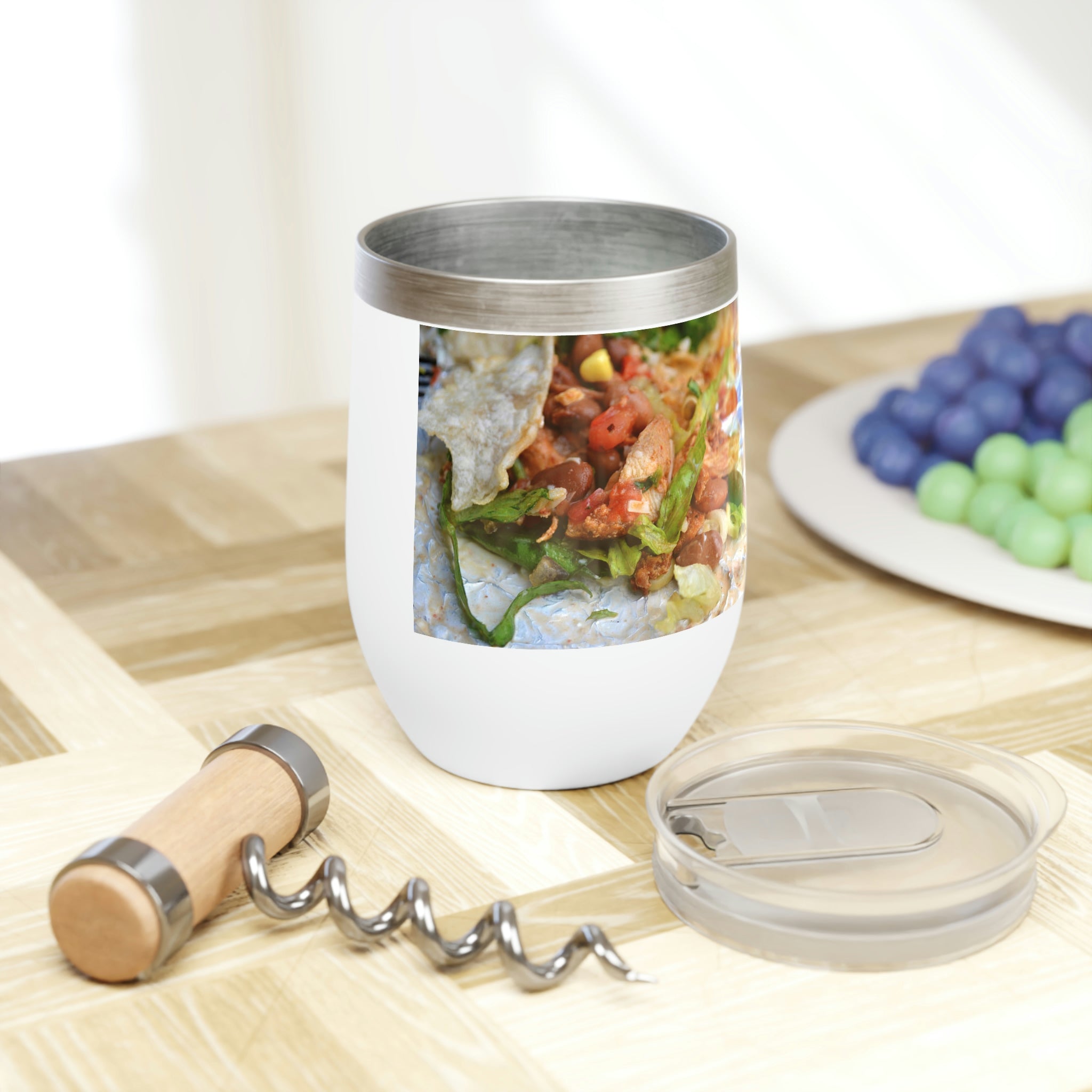 A stylish Chicken Burrito Chill Wine Tumbler made of stainless steel, featuring a double-insulated design for temperature retention and customizable options.