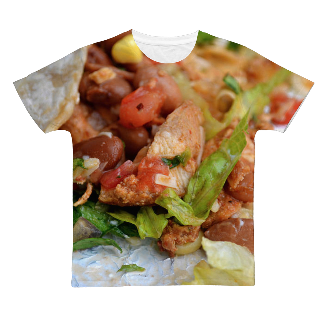 Chicken Burrito Classic Sublimation Adult T-Shirt featuring vibrant colors and a soft, cotton-like feel, perfect for sublimation printing.