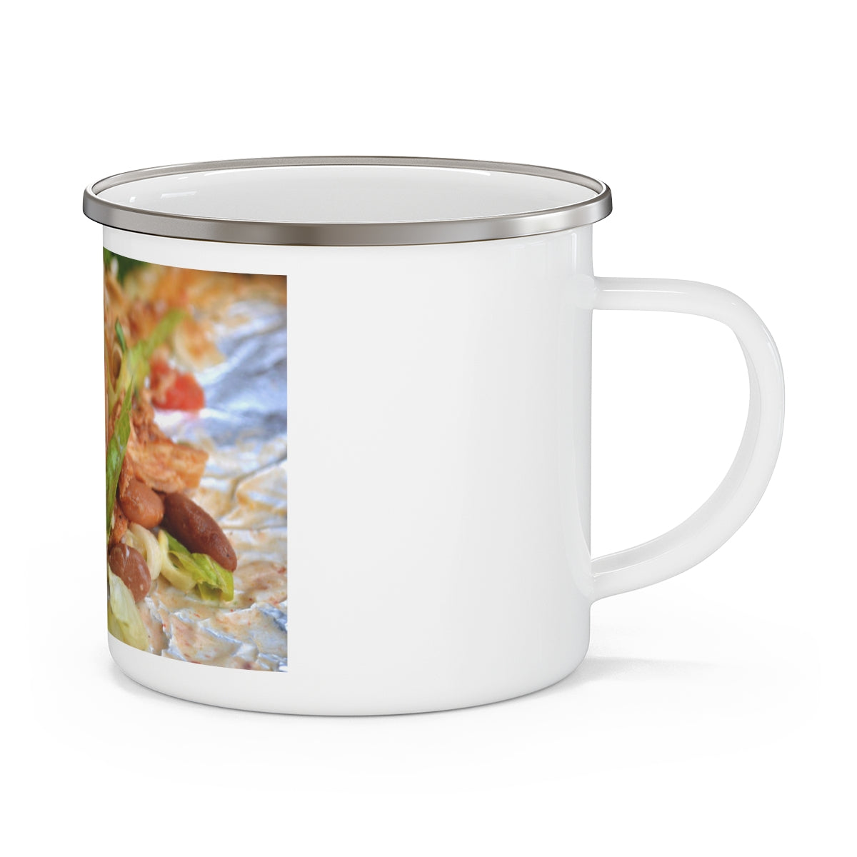 A stylish Chicken Burrito Enamel Camping Mug with a C-handle, perfect for outdoor adventures and customizable with designs.