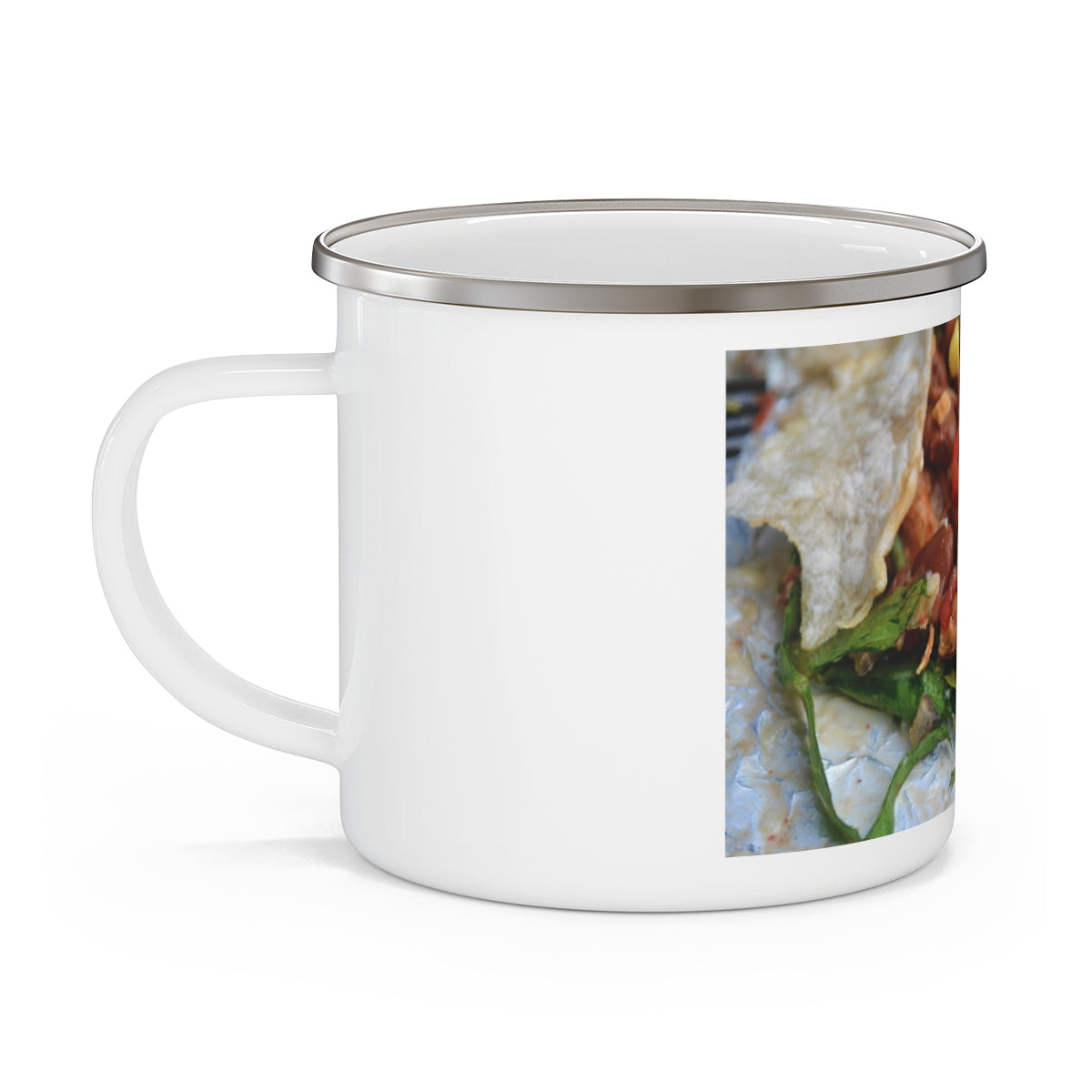 A stylish Chicken Burrito Enamel Camping Mug with a C-handle, perfect for outdoor adventures and customizable with designs.