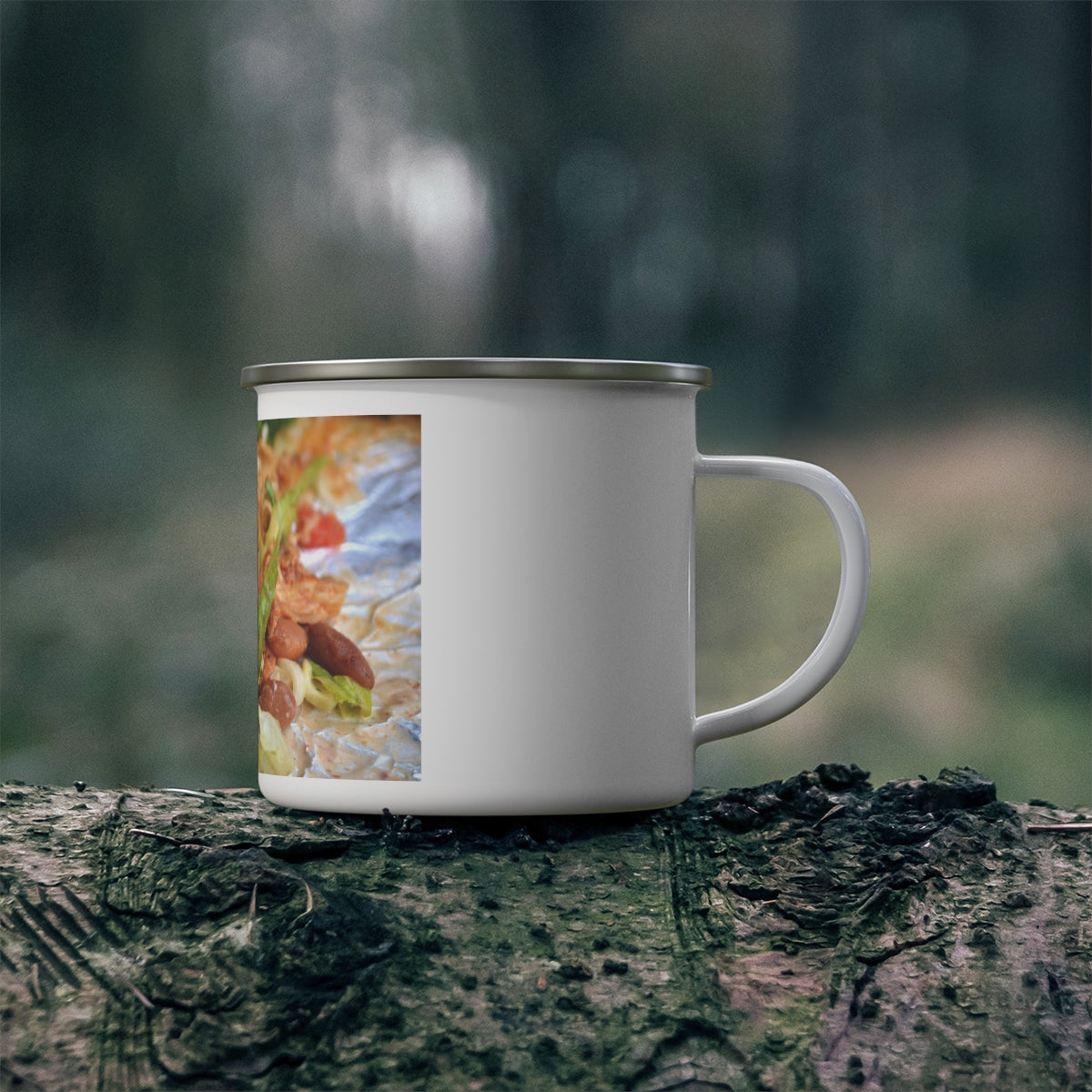 A stylish Chicken Burrito Enamel Camping Mug with a C-handle, perfect for outdoor adventures and customizable with designs.