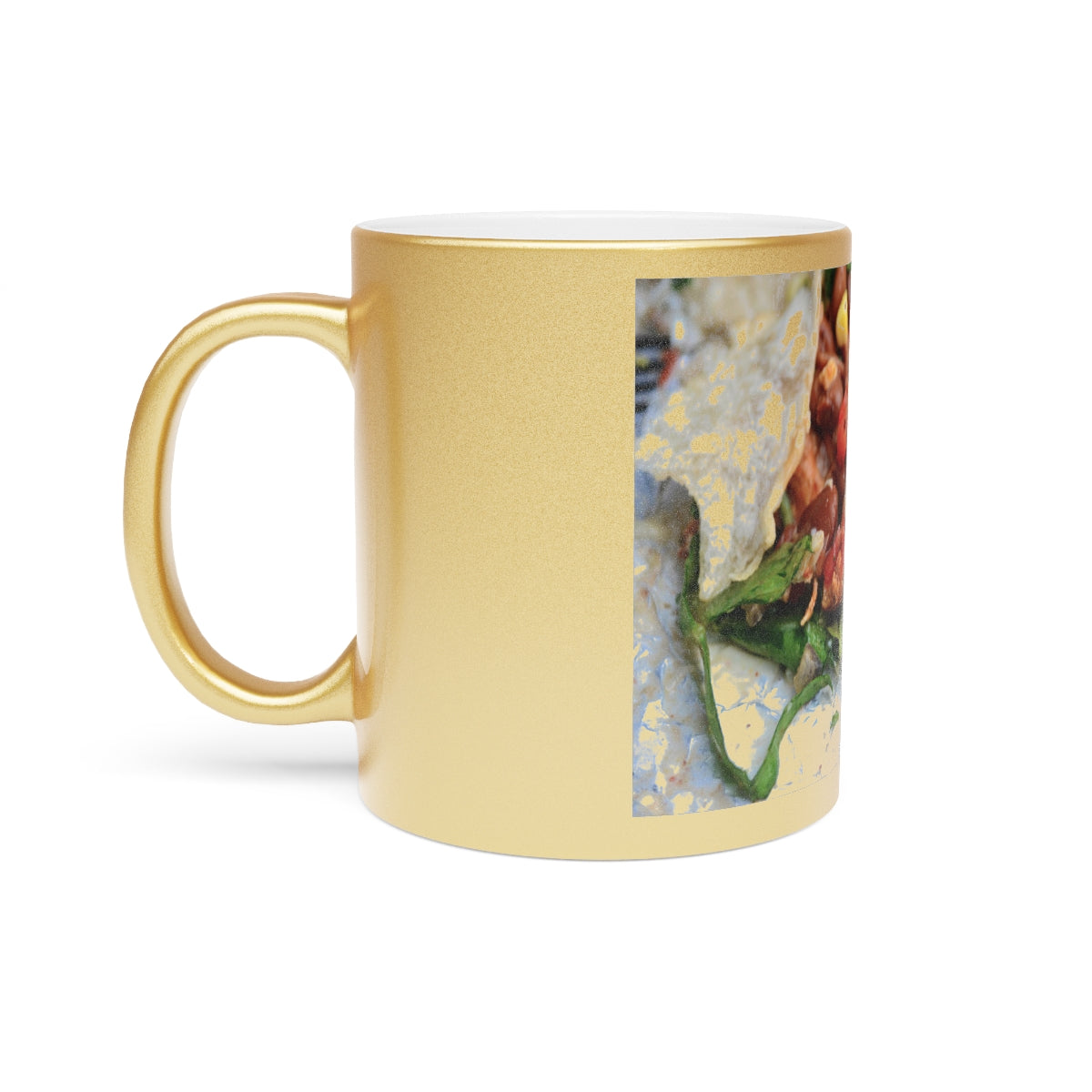 A stylish Chicken Burrito Metallic Mug in Gold and Silver finishes, showcasing personalized designs on both sides.