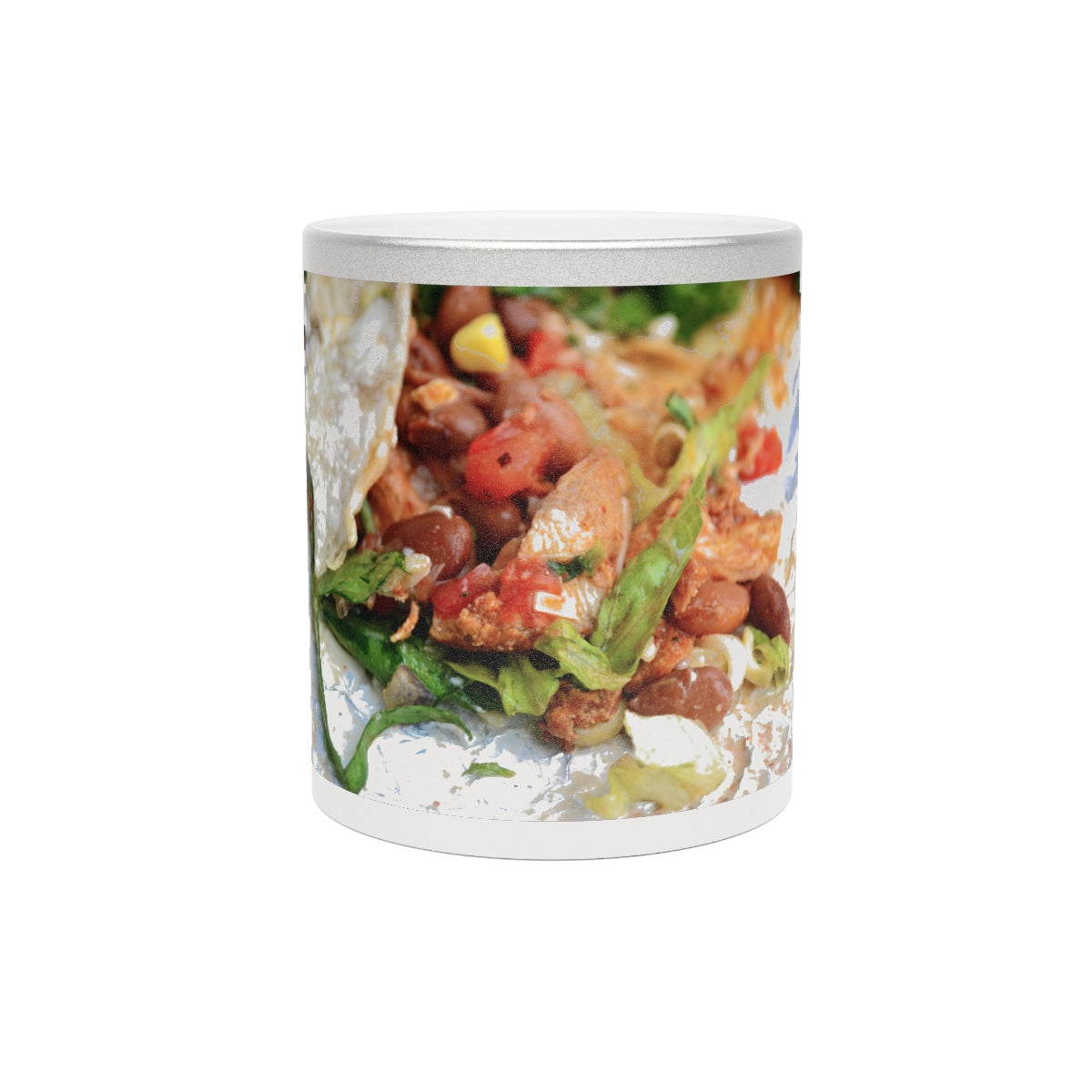 A stylish Chicken Burrito Metallic Mug in Gold and Silver finishes, showcasing personalized designs on both sides.