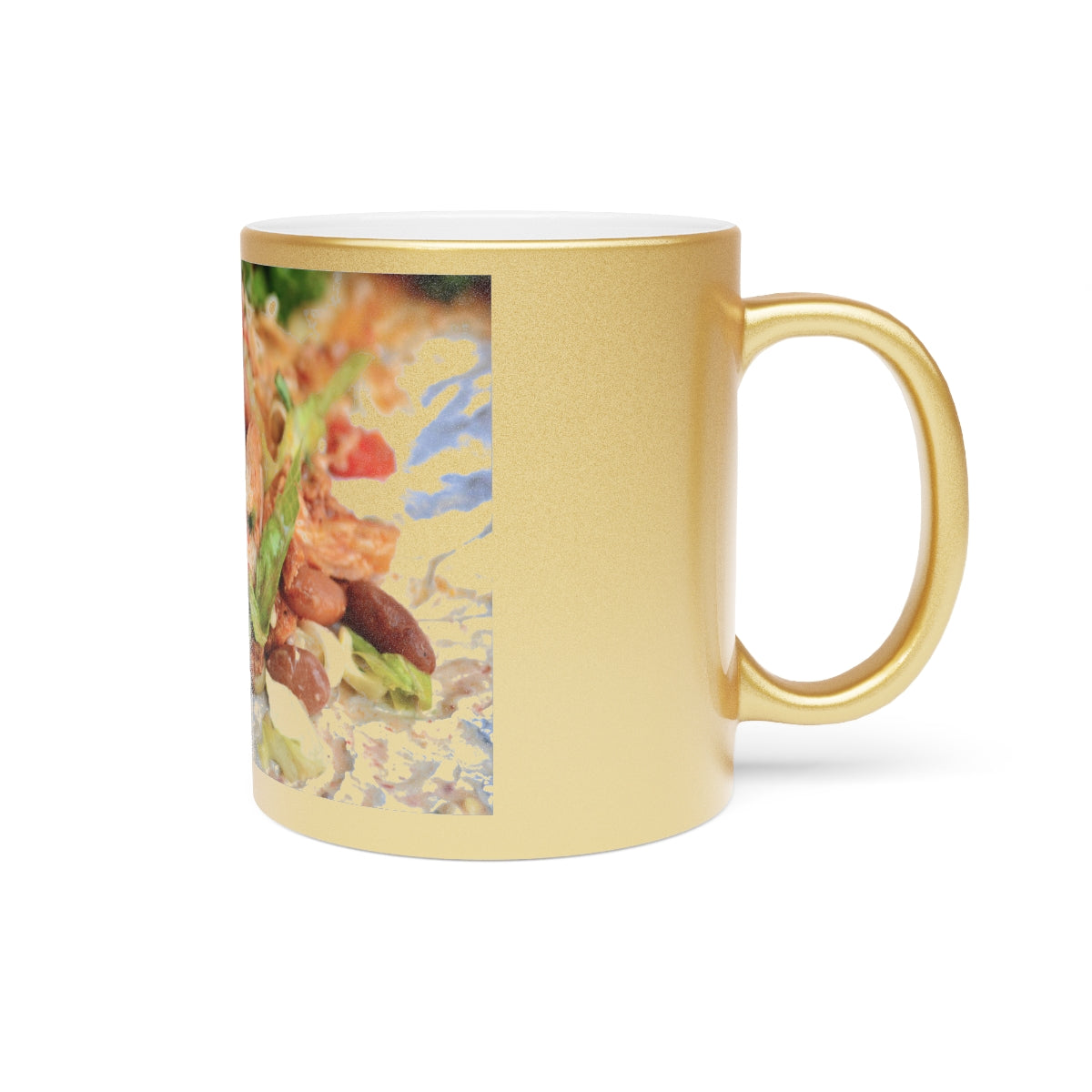 A stylish Chicken Burrito Metallic Mug in Gold and Silver finishes, showcasing personalized designs on both sides.