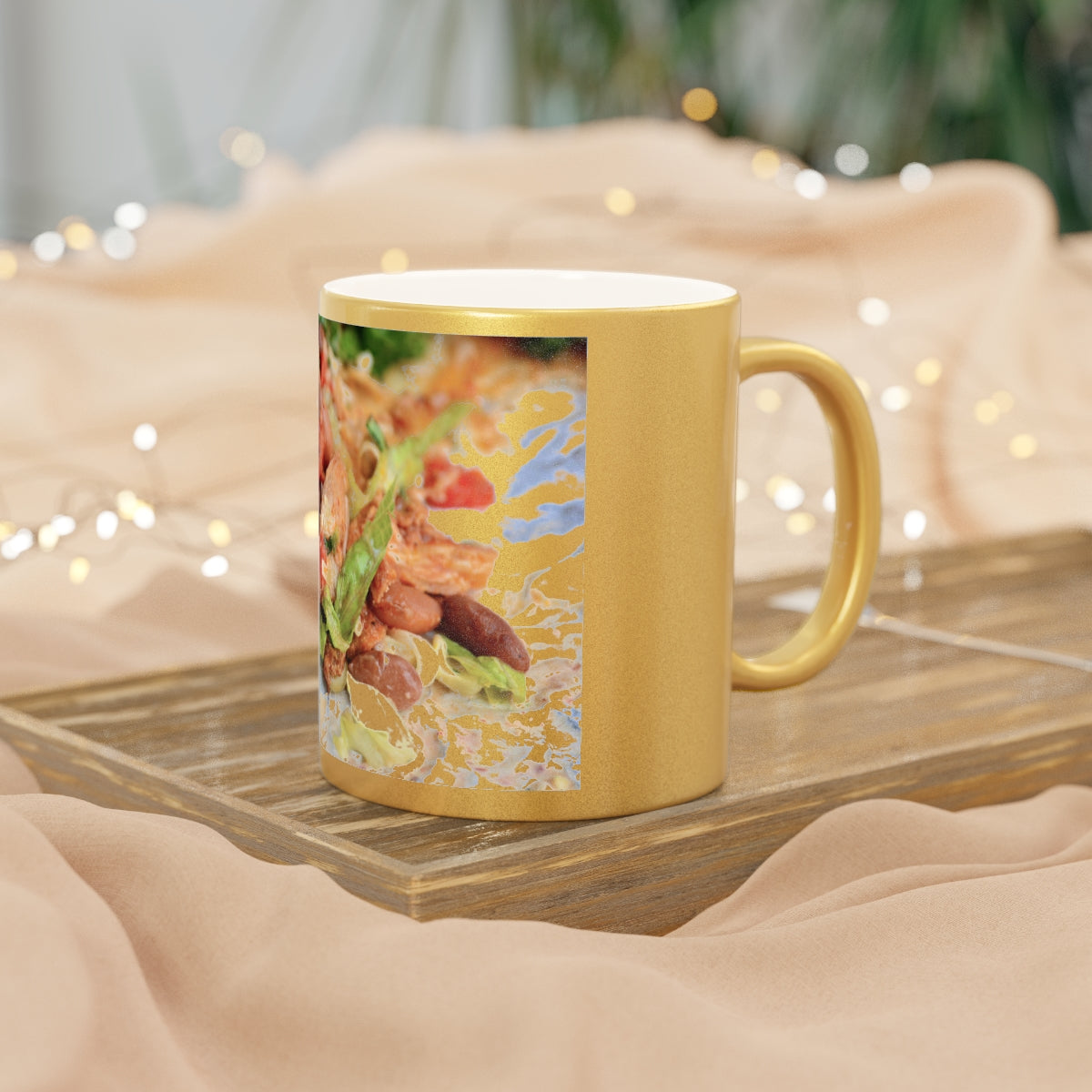 A stylish Chicken Burrito Metallic Mug in Gold and Silver finishes, showcasing personalized designs on both sides.