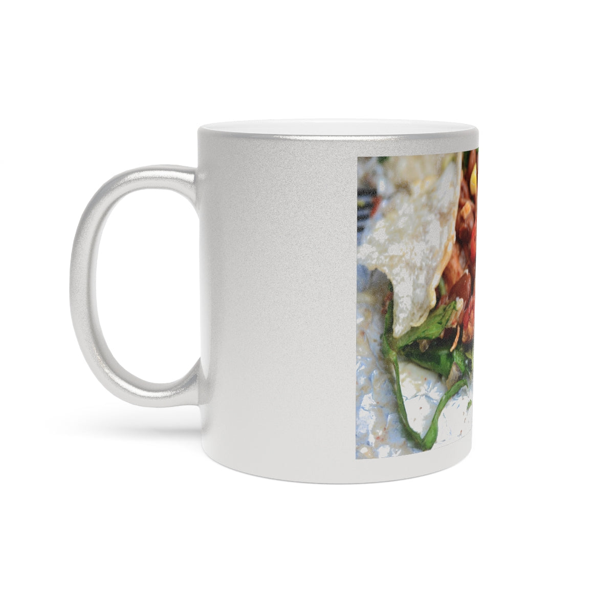 A stylish Chicken Burrito Metallic Mug in Gold and Silver finishes, showcasing personalized designs on both sides.