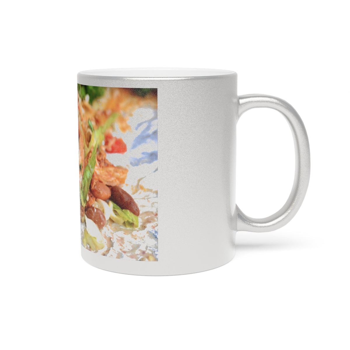 A stylish Chicken Burrito Metallic Mug in Gold and Silver finishes, showcasing personalized designs on both sides.