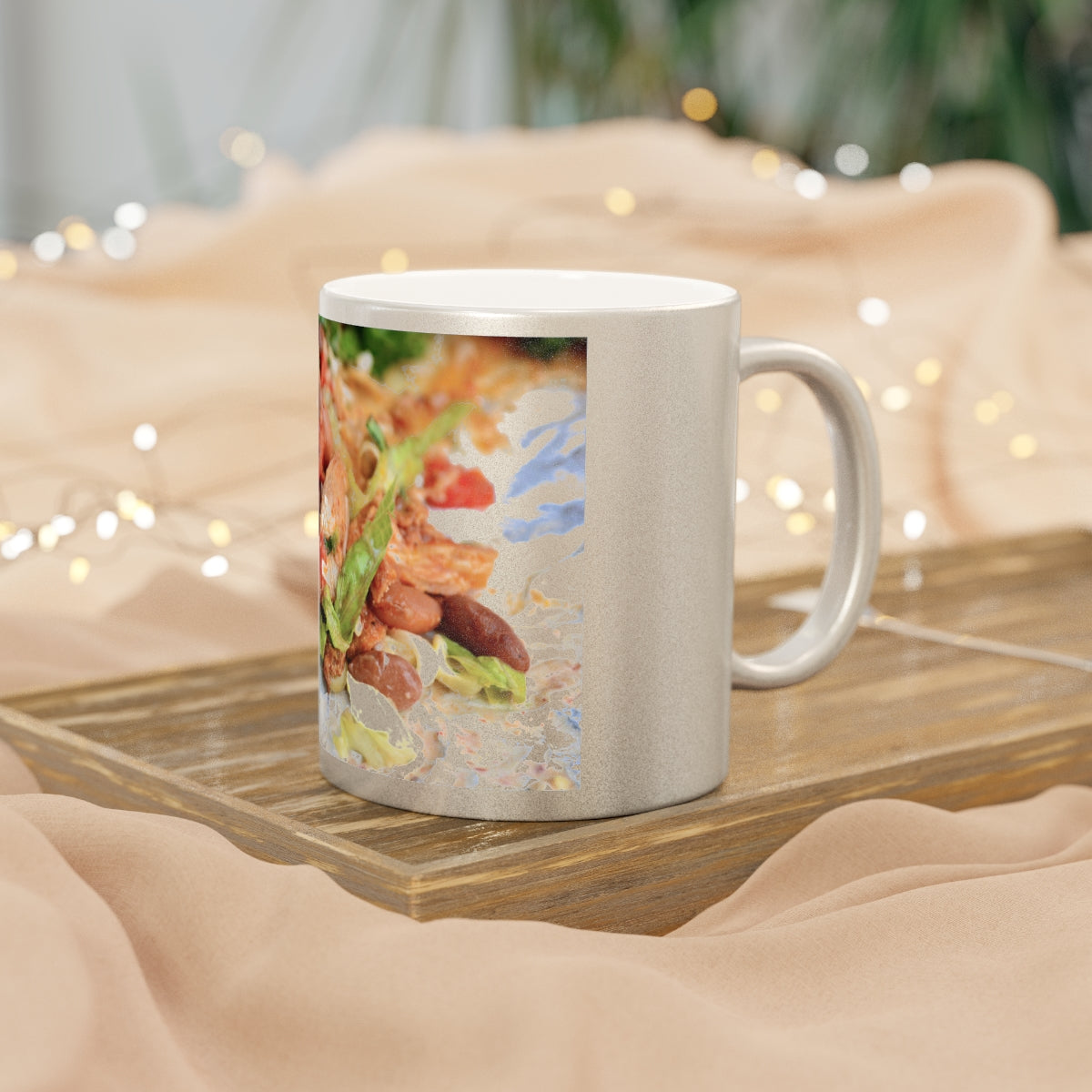 A stylish Chicken Burrito Metallic Mug in Gold and Silver finishes, showcasing personalized designs on both sides.