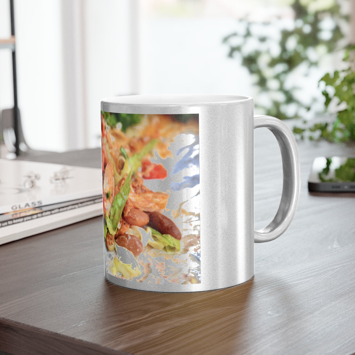 A stylish Chicken Burrito Metallic Mug in Gold and Silver finishes, showcasing personalized designs on both sides.