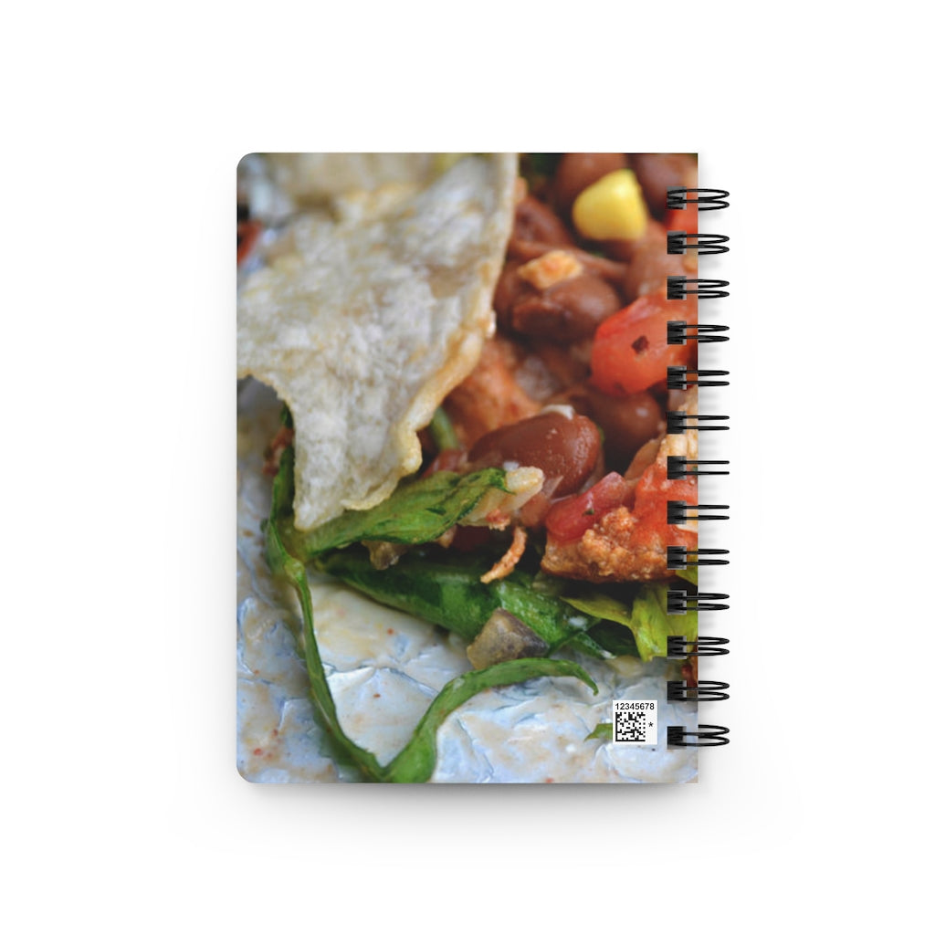 Chicken Burrito Spiral Bound Journal with a glossy laminated cover featuring a colorful burrito design, perfect for writing and note-taking.