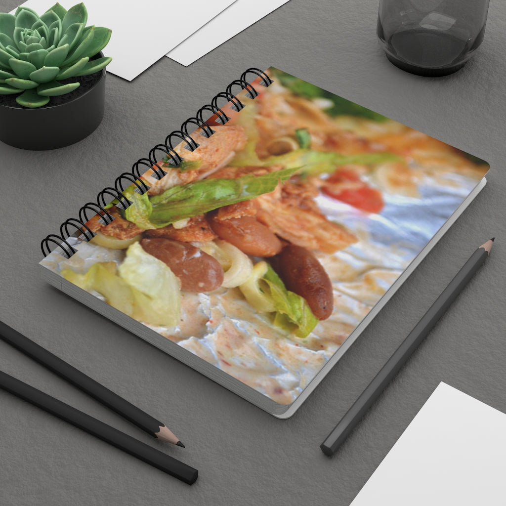 Chicken Burrito Spiral Bound Journal with a glossy laminated cover featuring a colorful burrito design, perfect for writing and note-taking.