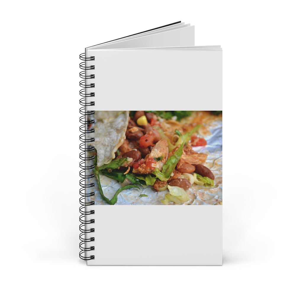 Chicken Burrito Spiral Journal featuring a colorful front cover, available in four styles including blank, dot grid, lined, and task.