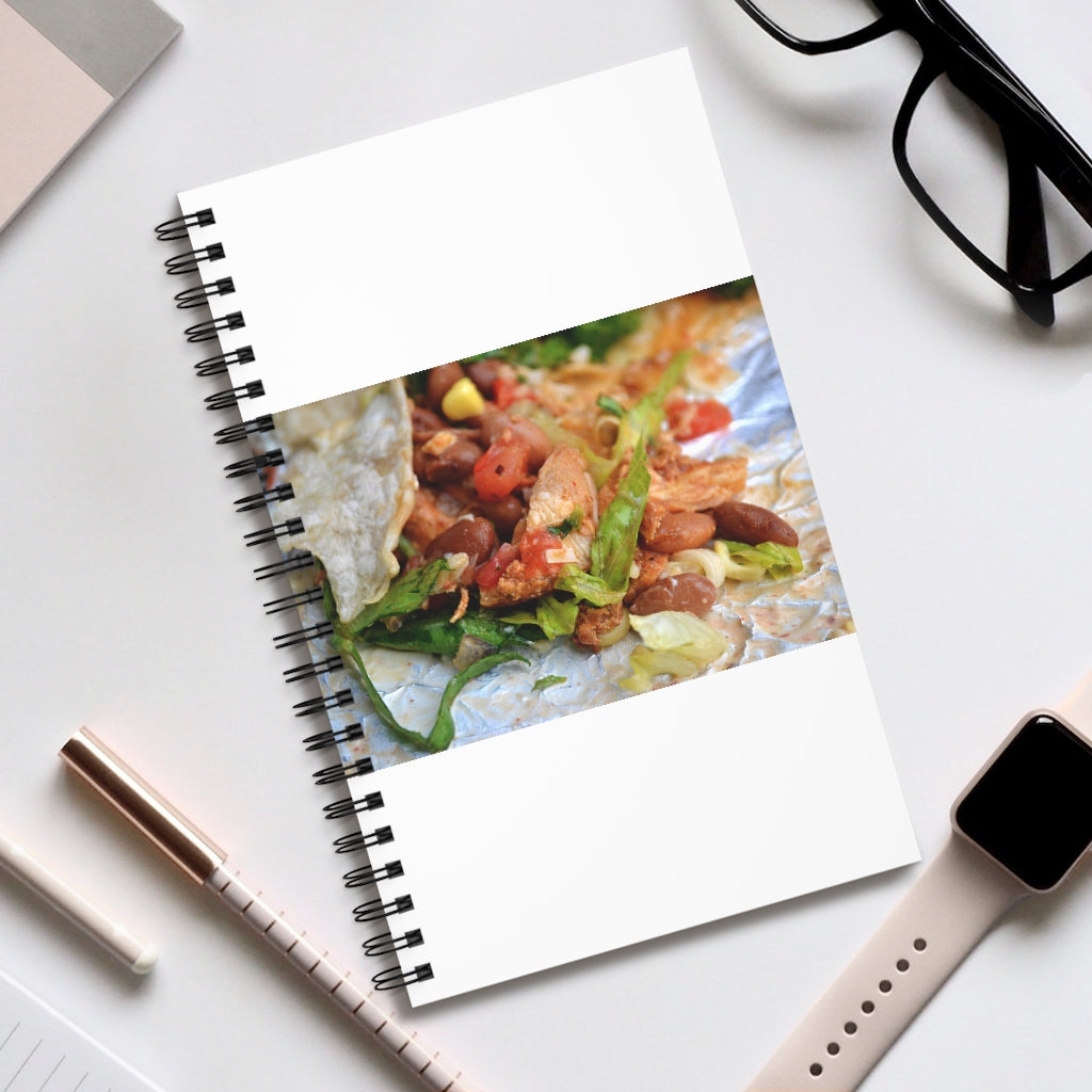 Chicken Burrito Spiral Journal featuring a colorful front cover, available in four styles including blank, dot grid, lined, and task.