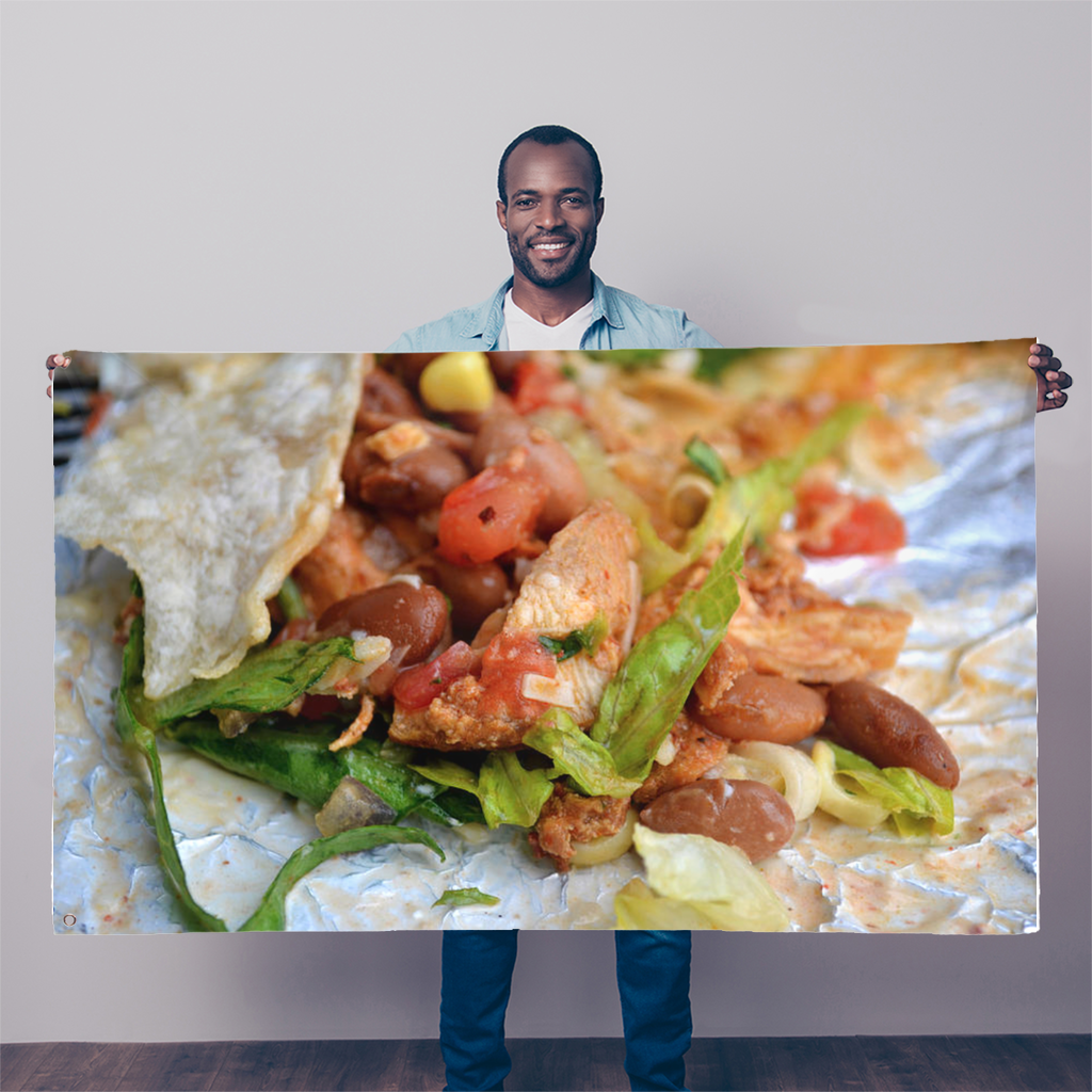 A colorful Chicken Burrito Sublimation Flag measuring 5FT x 3FT, made of durable polyester fabric with double-stitched edges and eyelets for hanging.