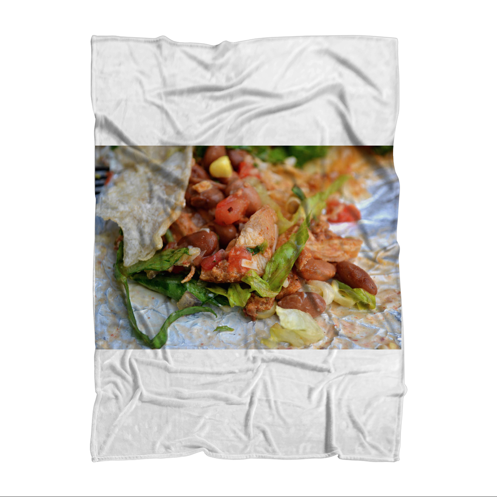 Chicken Burrito Sublimation Throw Blanket made of soft polar fleece, featuring a vibrant burrito design on the front and a white back.