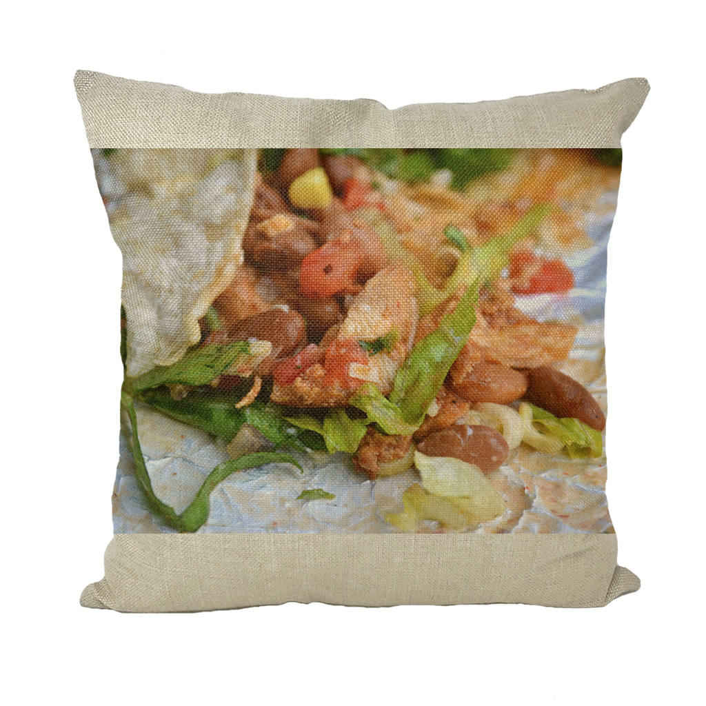 A colorful Chicken Burrito Throw Pillow showcasing a vibrant design on a soft polyester cover, perfect for home decor.