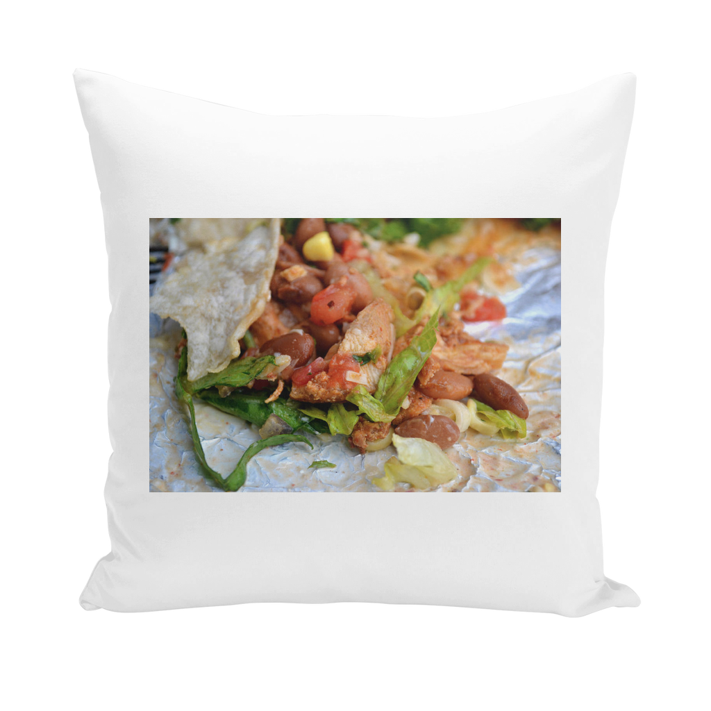 A colorful Chicken Burrito Throw Pillow showcasing a vibrant design on a soft polyester cover, perfect for home decor.