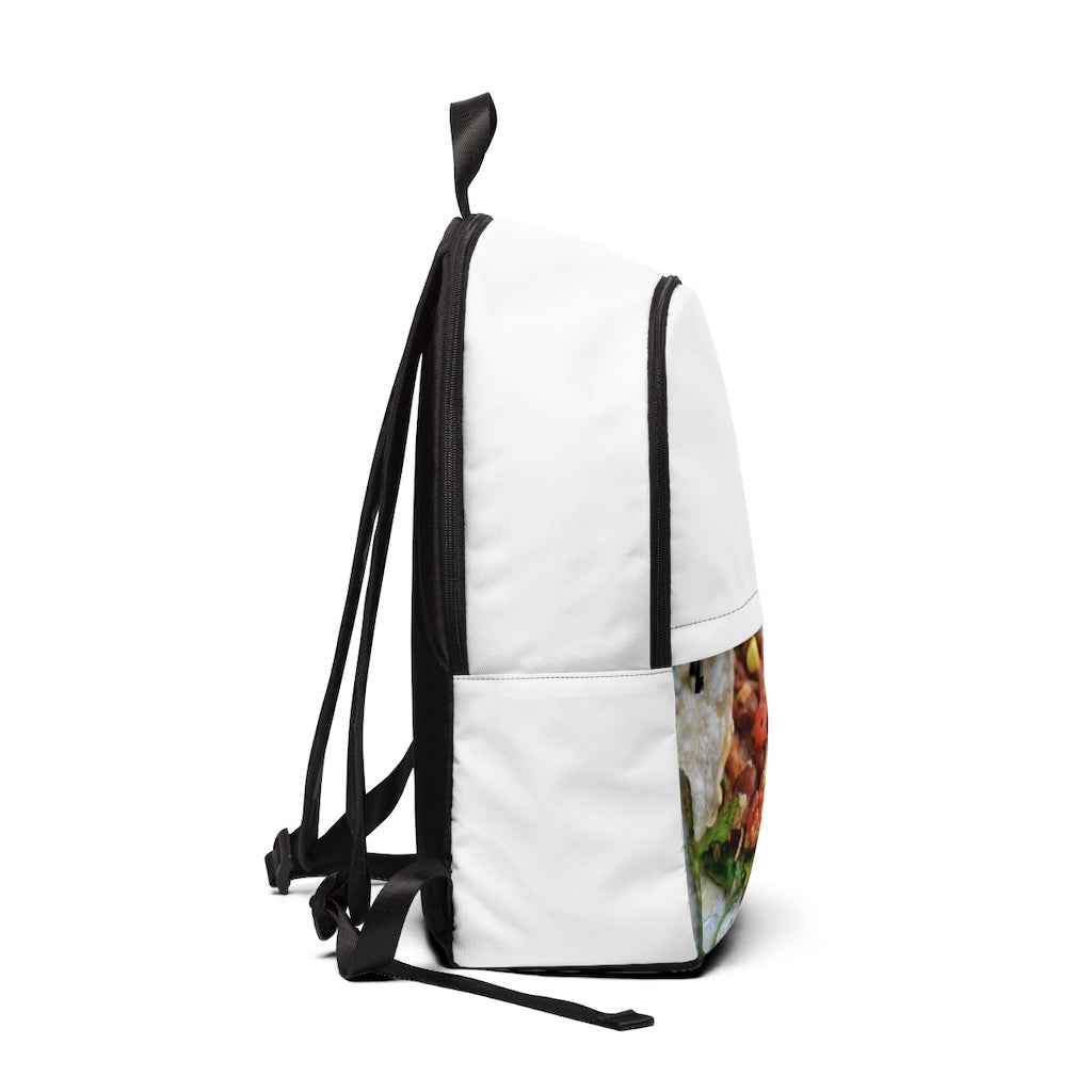 Chicken Burrito Unisex Fabric Backpack featuring a unique design, padded back panel, and adjustable straps, ideal for school and travel.